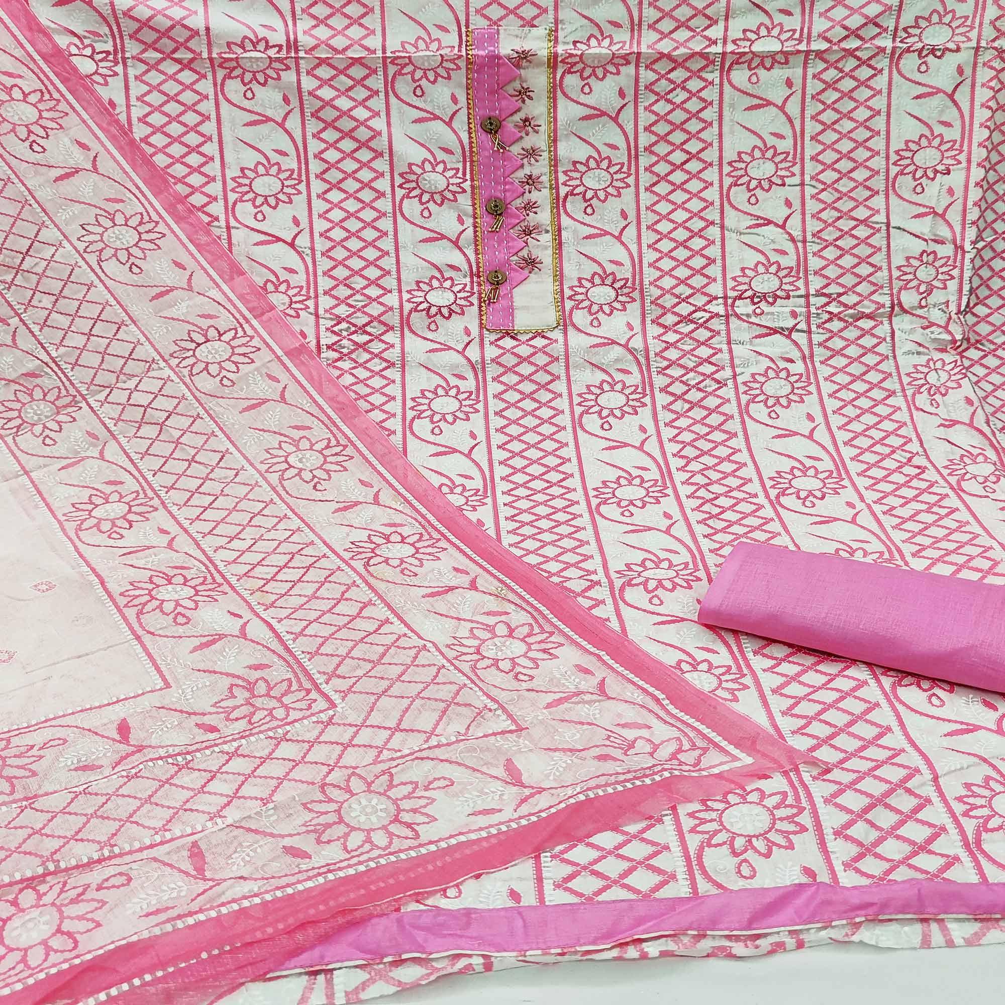 Pink Casual Wear Printed Cotton Dress Material - Peachmode
