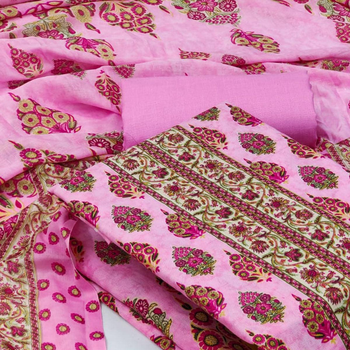 Pink Casual Wear Printed Cotton Dress Material - Peachmode