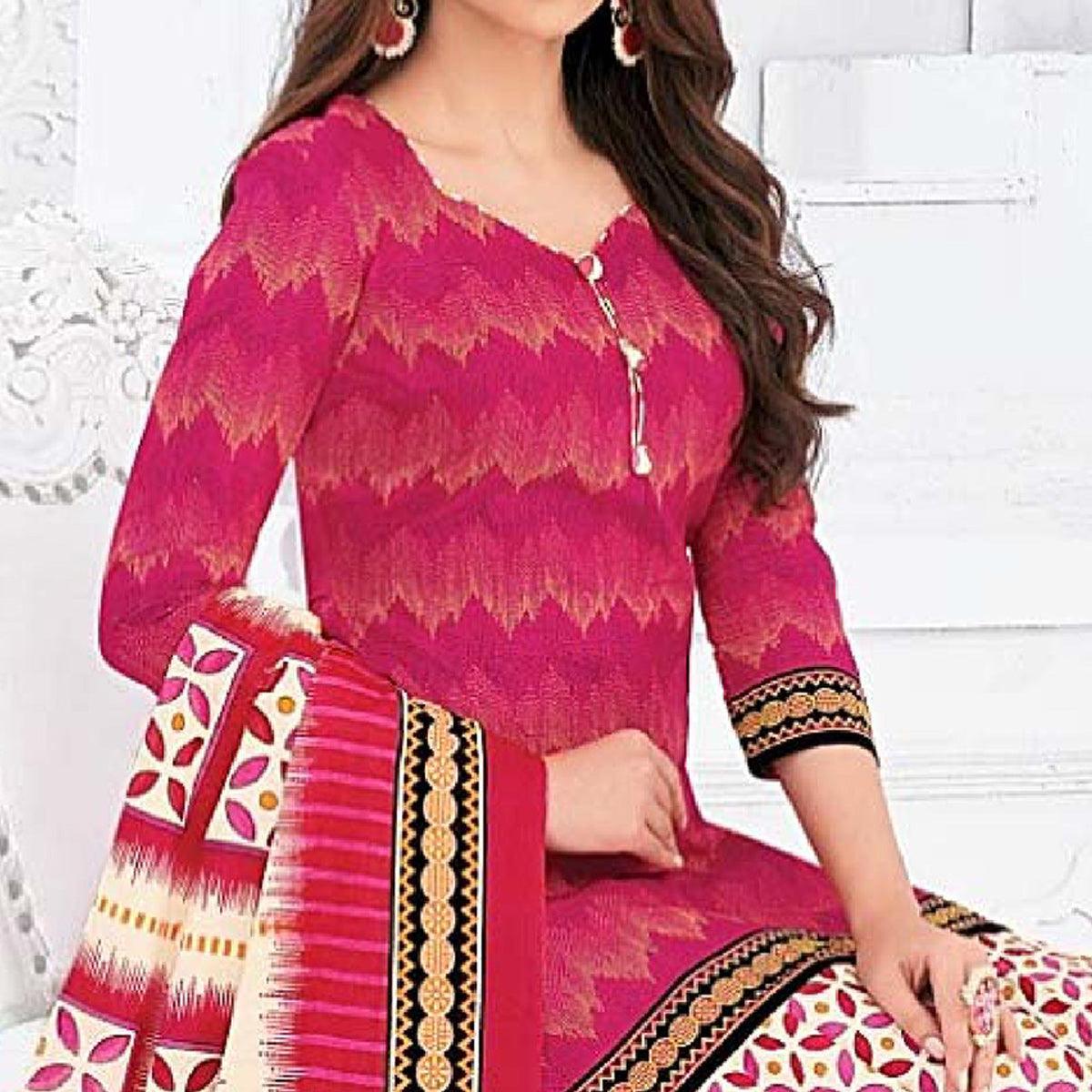 Pink Casual Wear Printed Cotton Dress Material - Peachmode