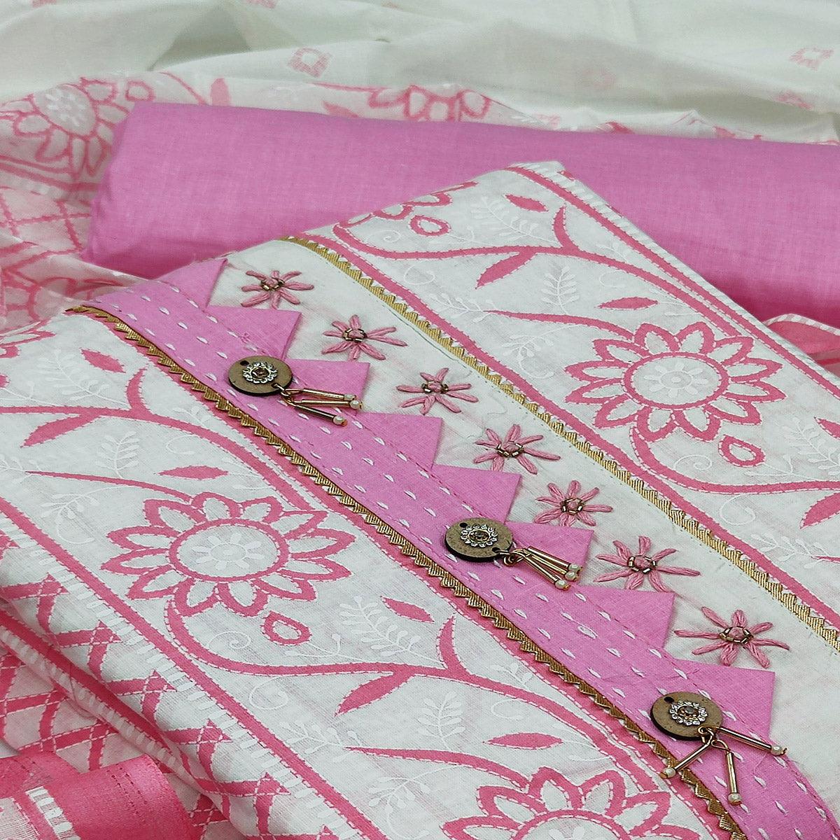 Pink Casual Wear Printed Cotton Dress Material - Peachmode