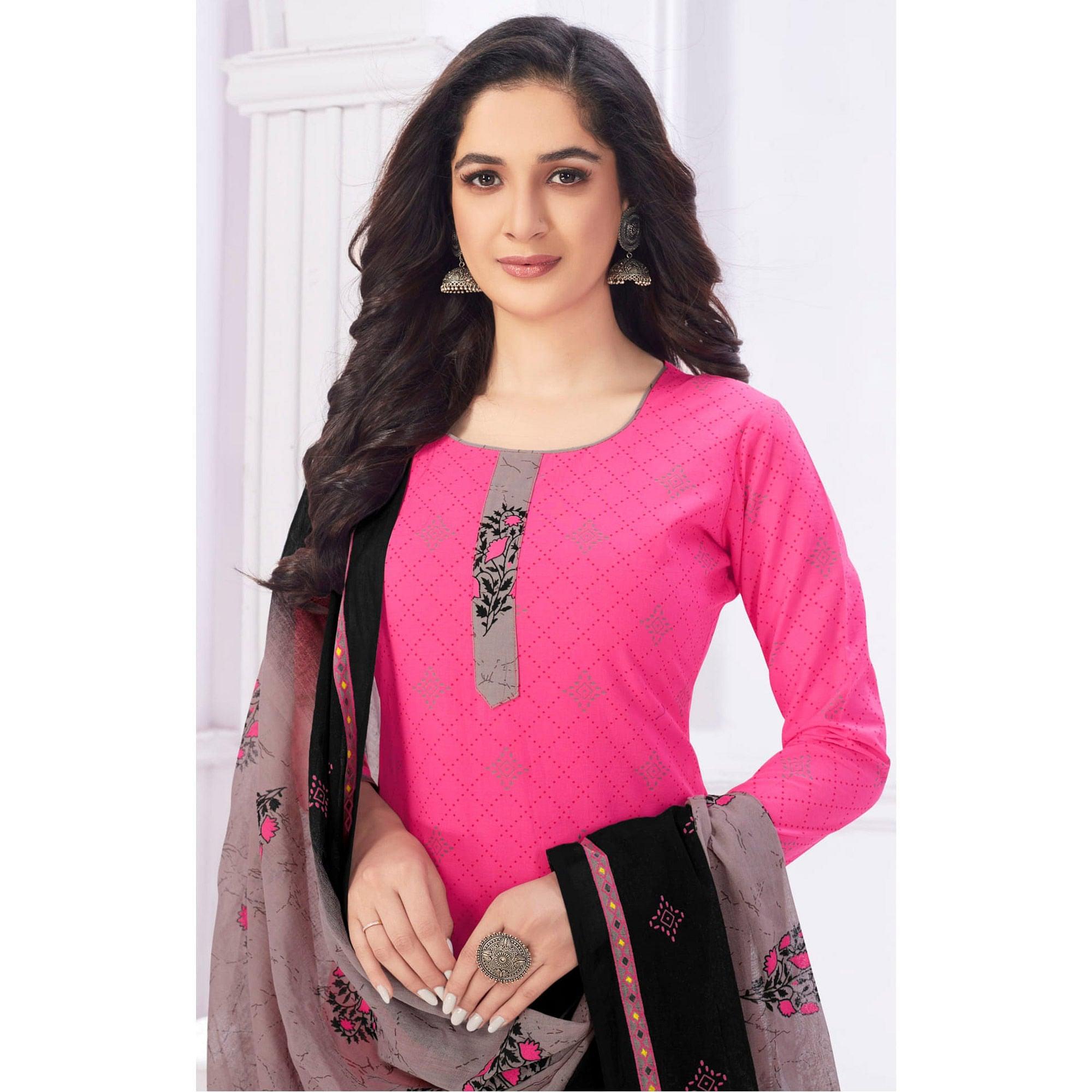Pink Casual Wear Printed Cotton Dress Material - Peachmode