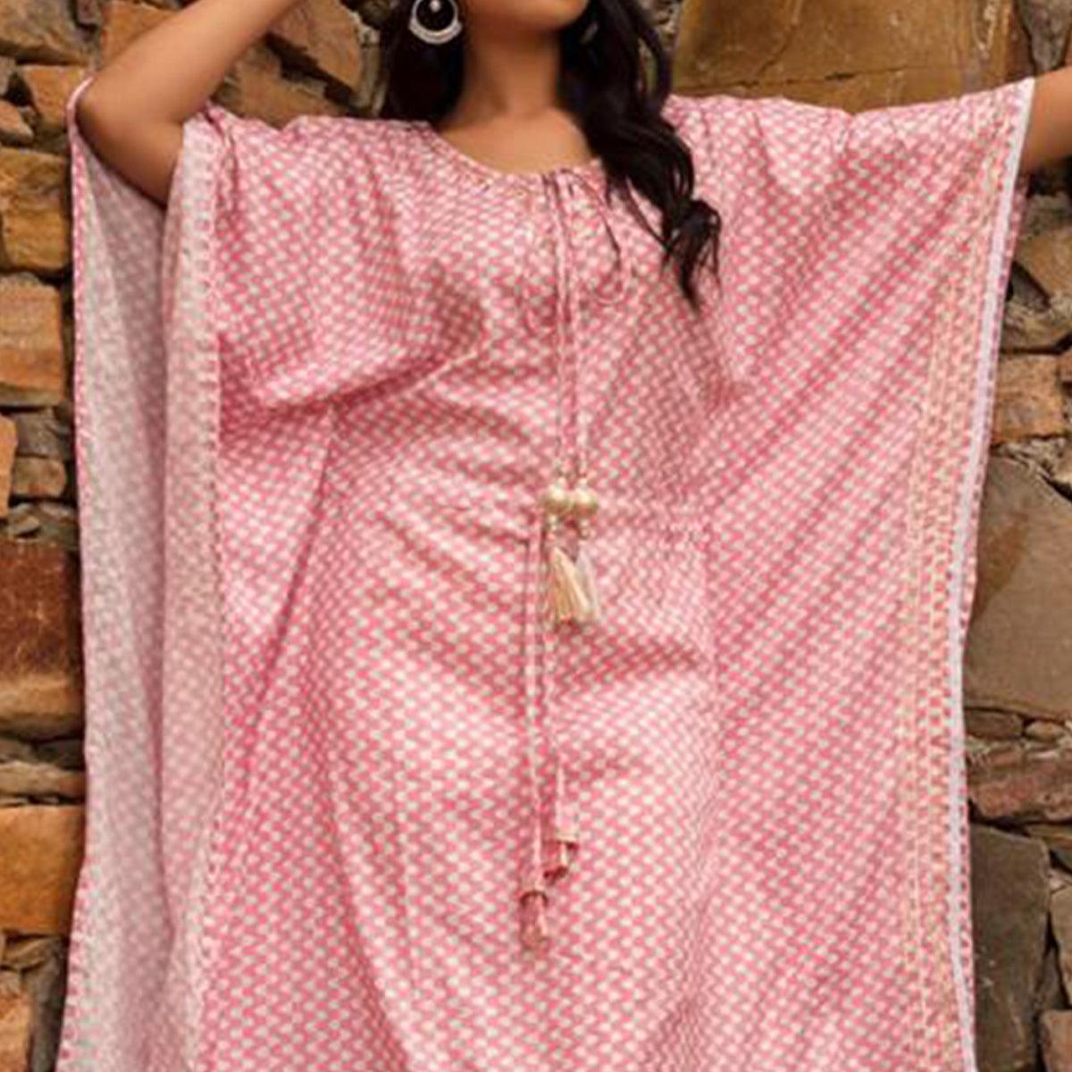 Pink Casual Wear Printed Cotton Kaftan Pant Set - Peachmode