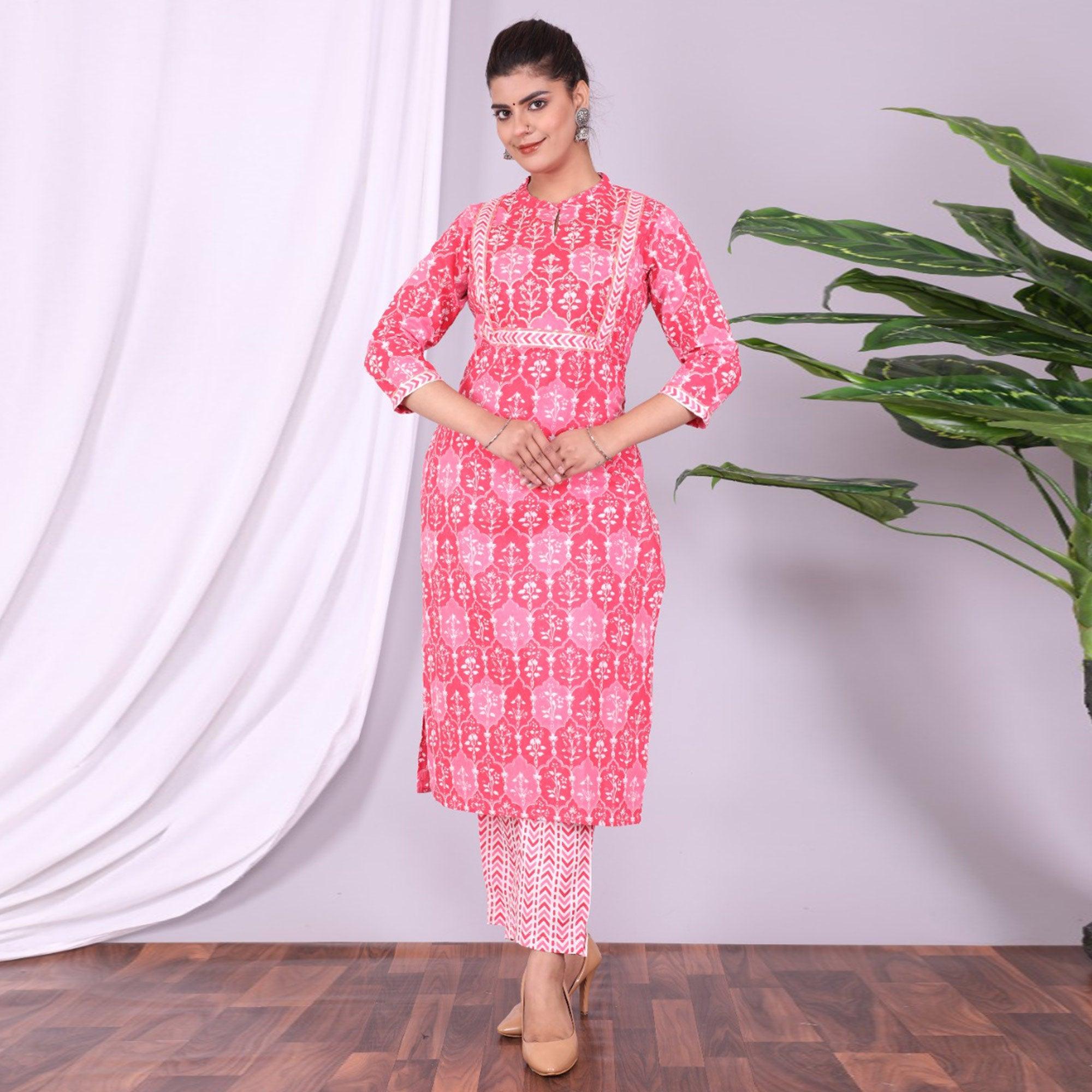 Pink Casual Wear Printed Cotton Kurti Pant Set With Dupatta - Peachmode