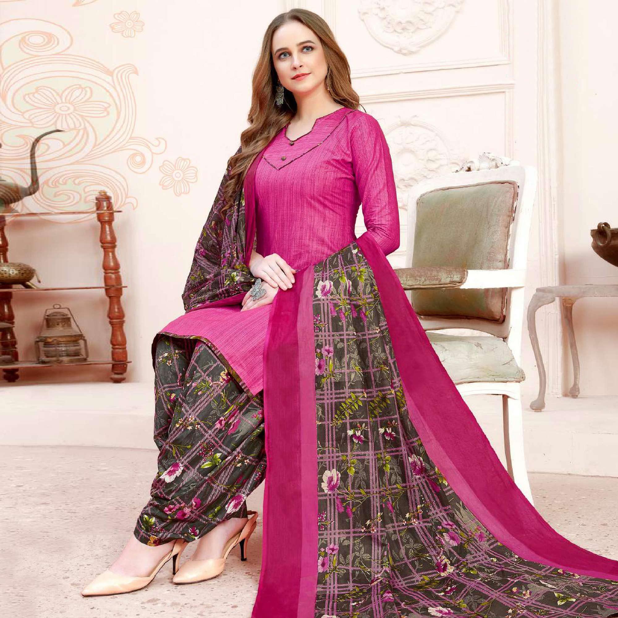 Pink Casual Wear Printed Cotton Patiala Dress Material - Peachmode