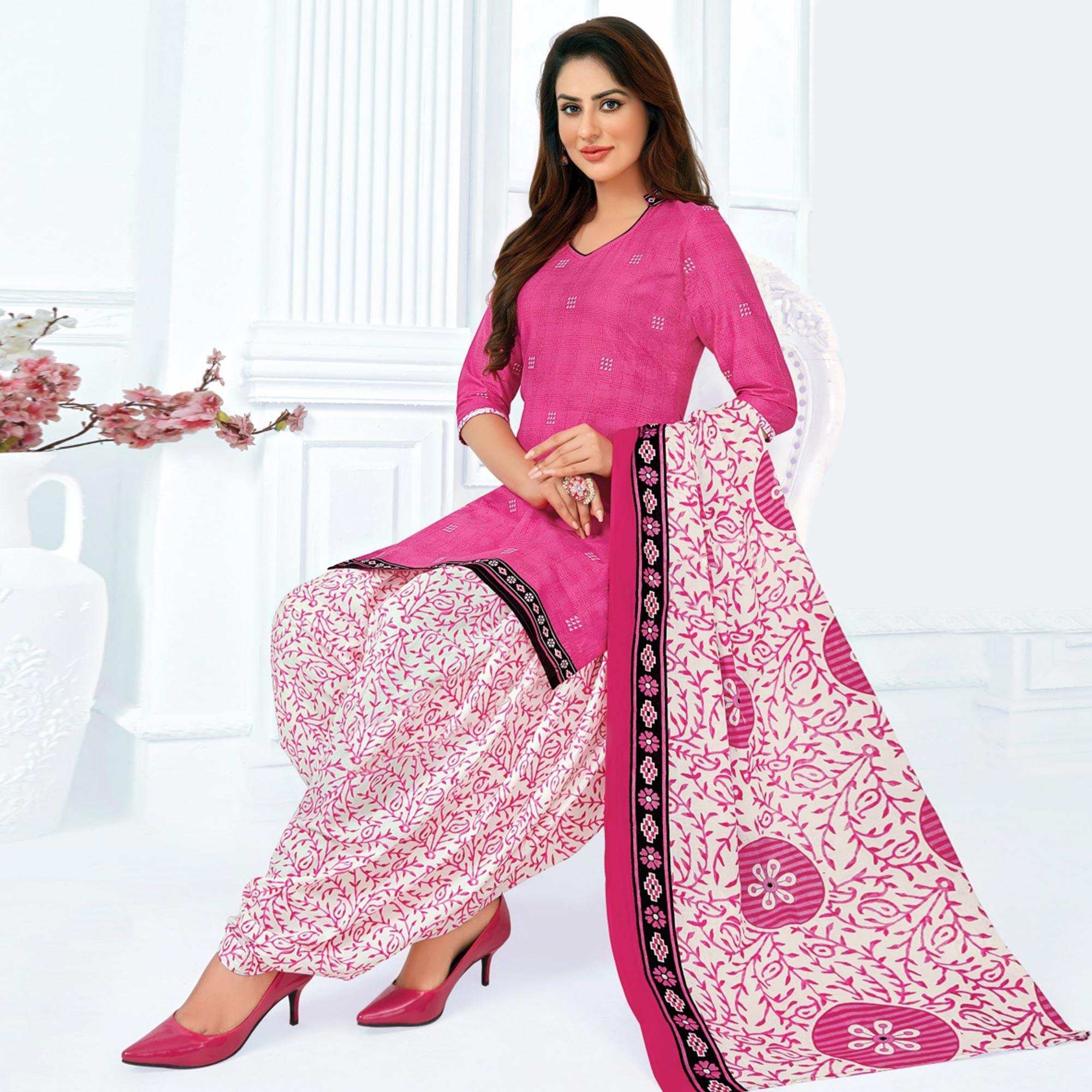 Pink Casual Wear Printed Cotton Patiala Dress Material - Peachmode