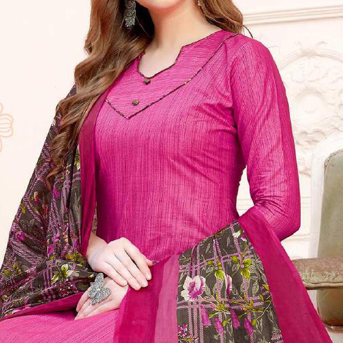 Pink Casual Wear Printed Cotton Patiala Dress Material - Peachmode