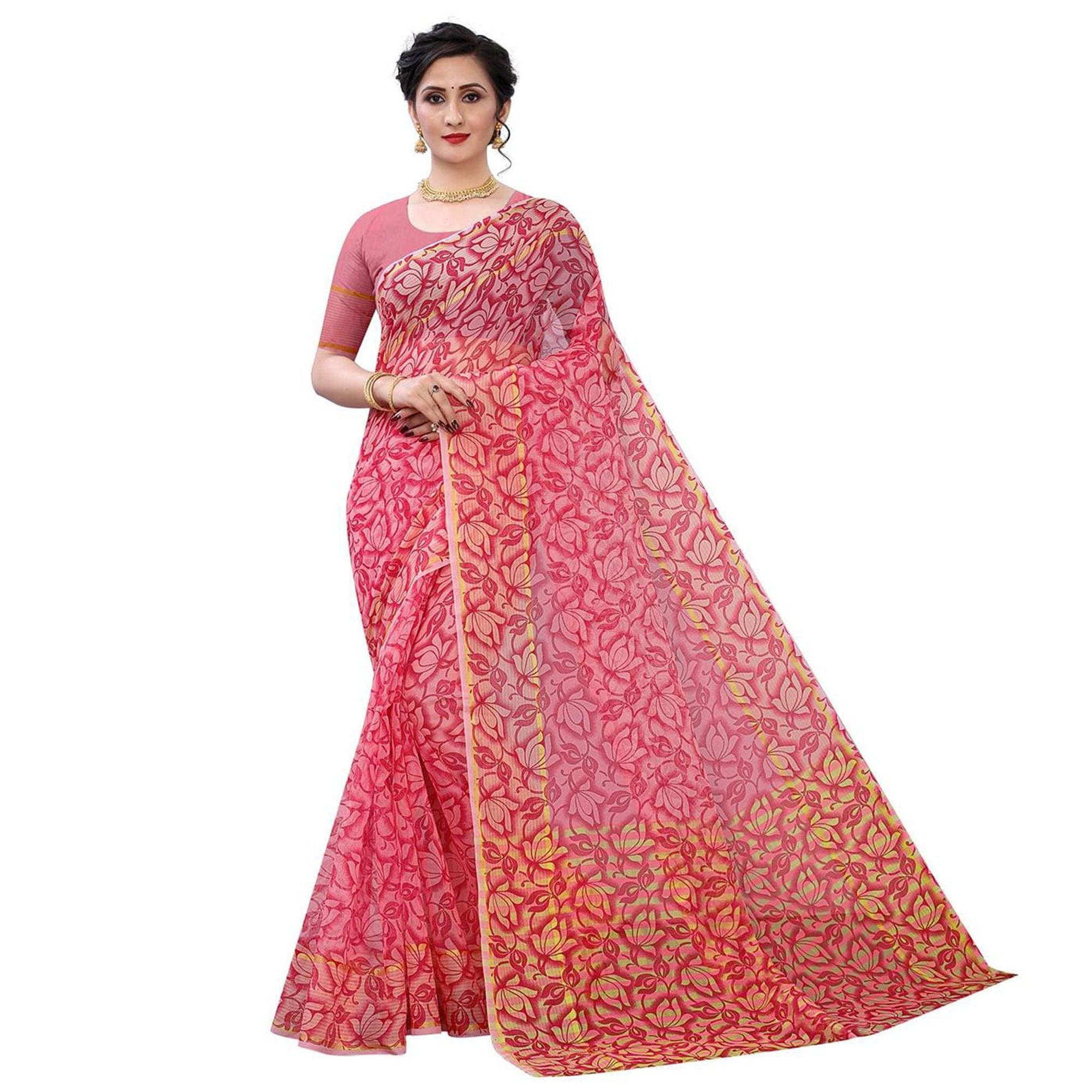 Pink Casual Wear Printed Cotton Saree - Peachmode