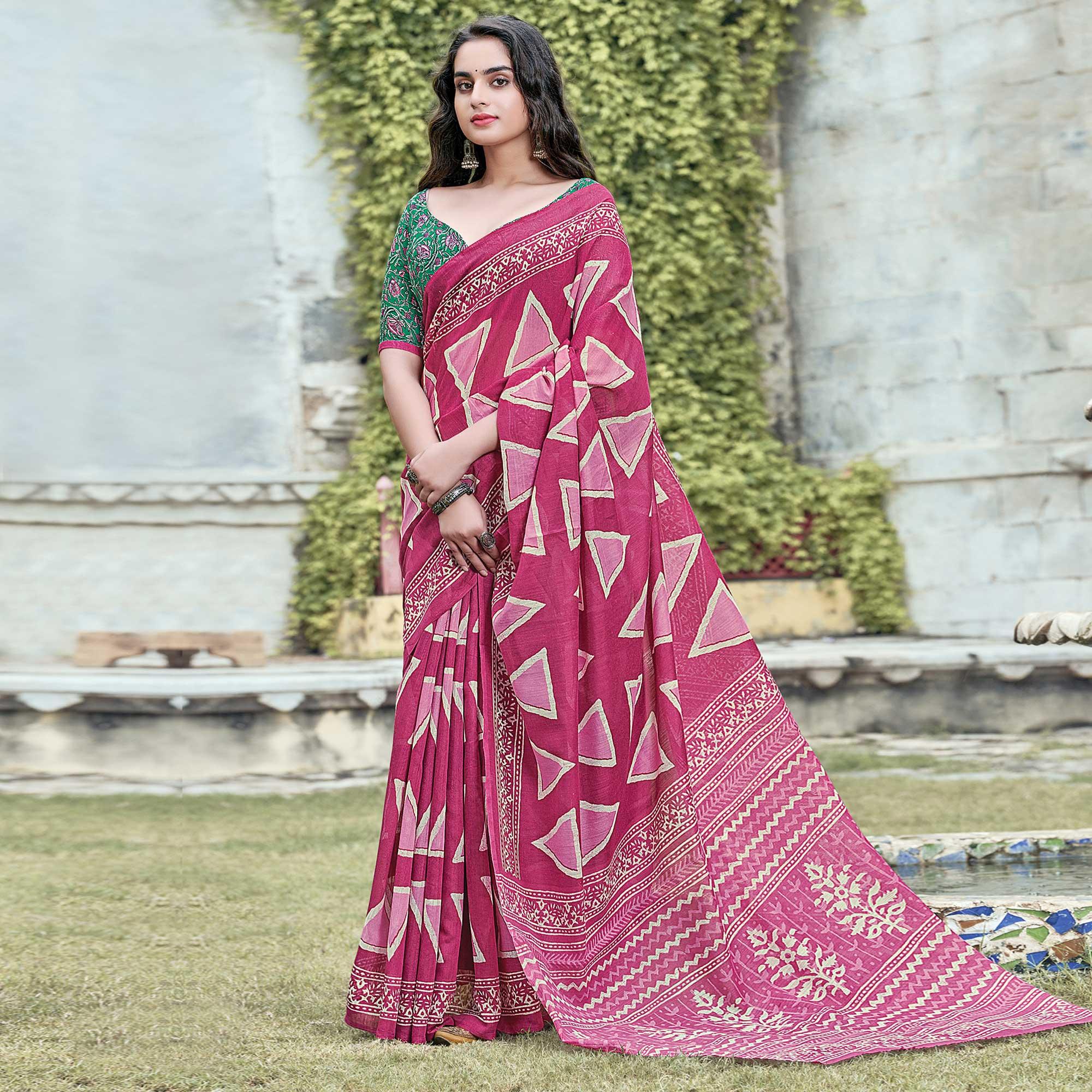 Pink Casual Wear Printed Cotton Saree - Peachmode