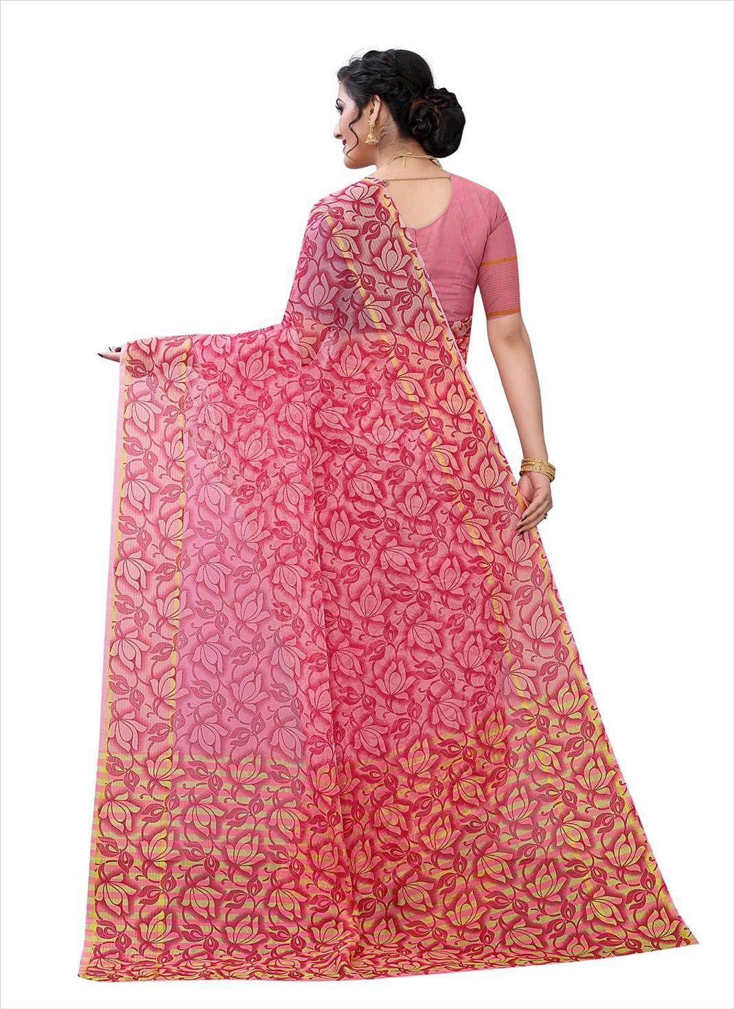 Pink Casual Wear Printed Cotton Saree - Peachmode