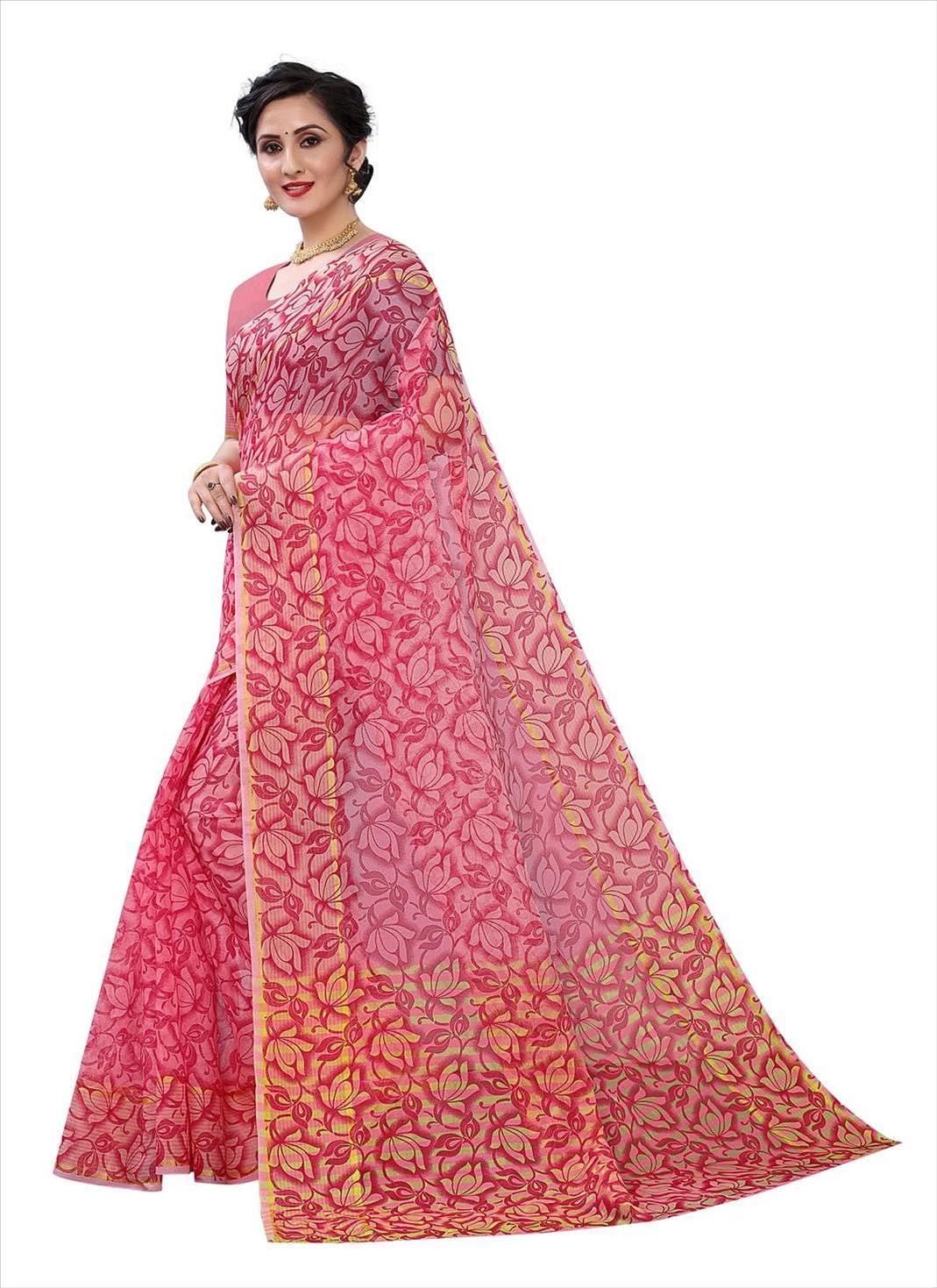 Pink Casual Wear Printed Cotton Saree - Peachmode