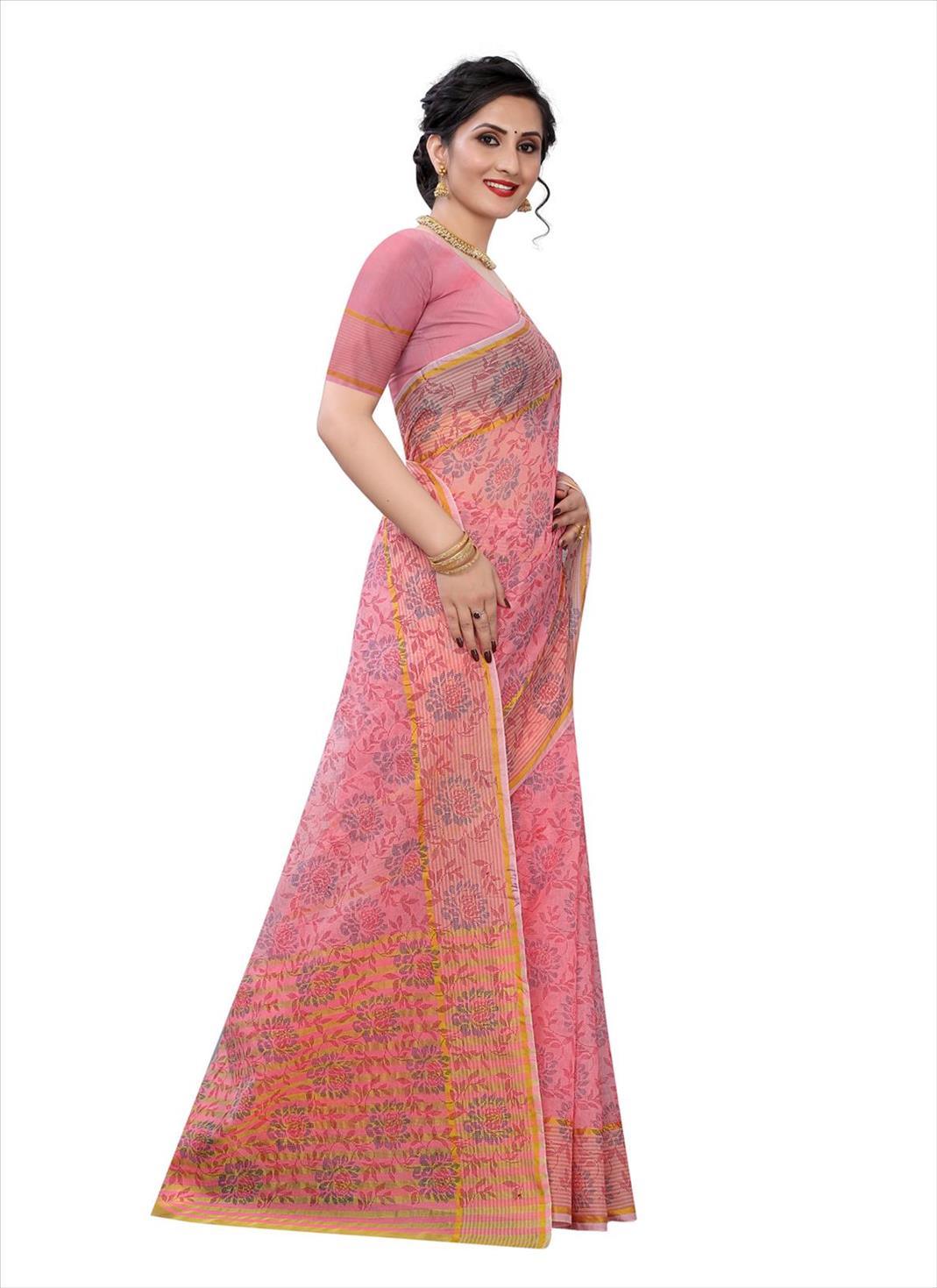 Pink Casual Wear Printed Cotton Saree - Peachmode