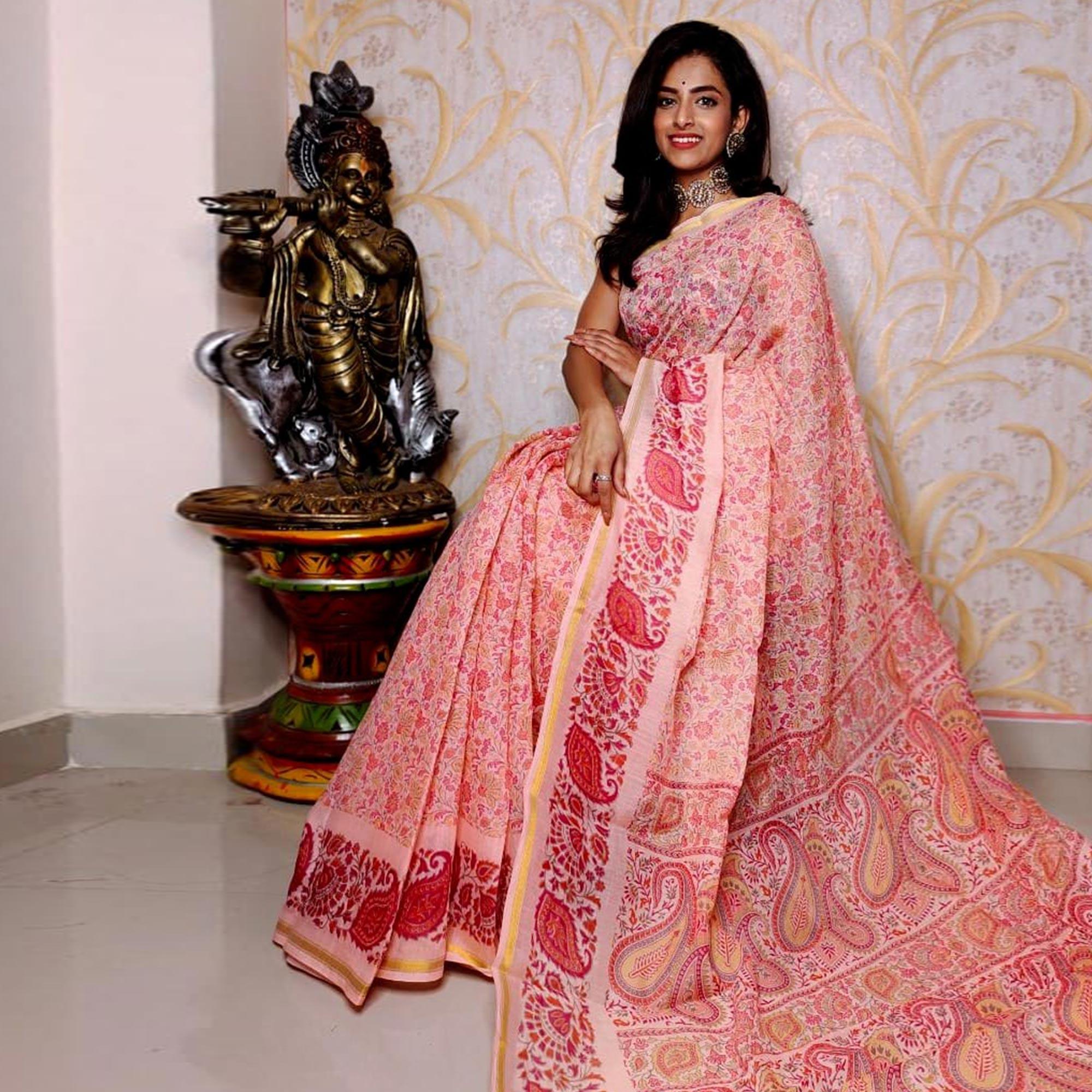 Pink Casual Wear Printed Cotton Silk Saree - Peachmode