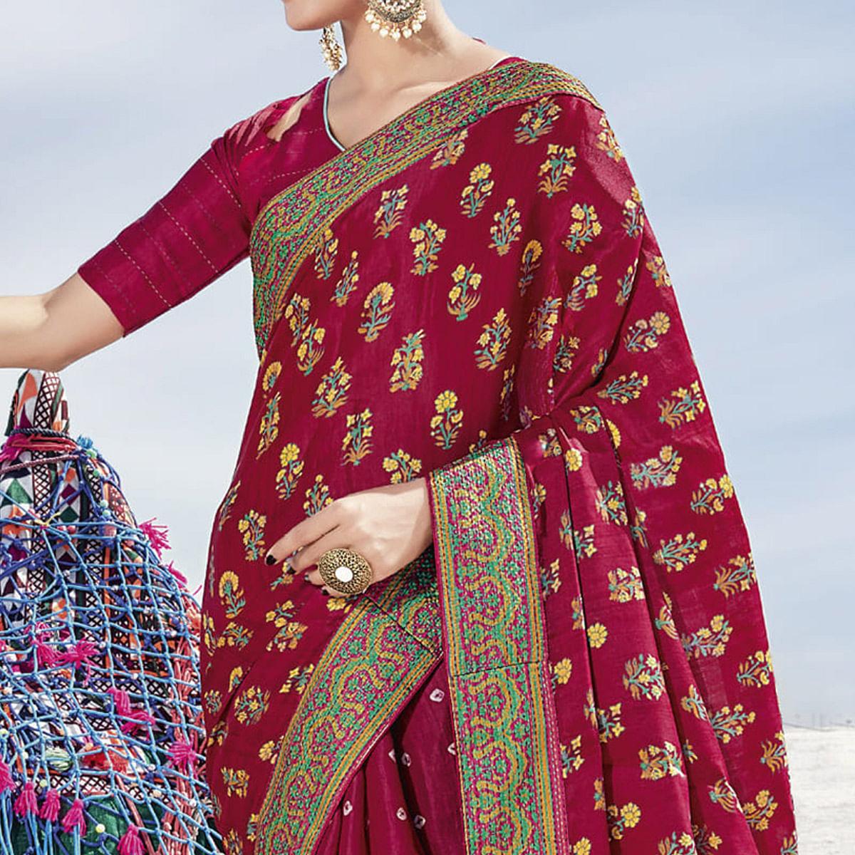 Pink Casual Wear Printed Cotton Silk Saree - Peachmode