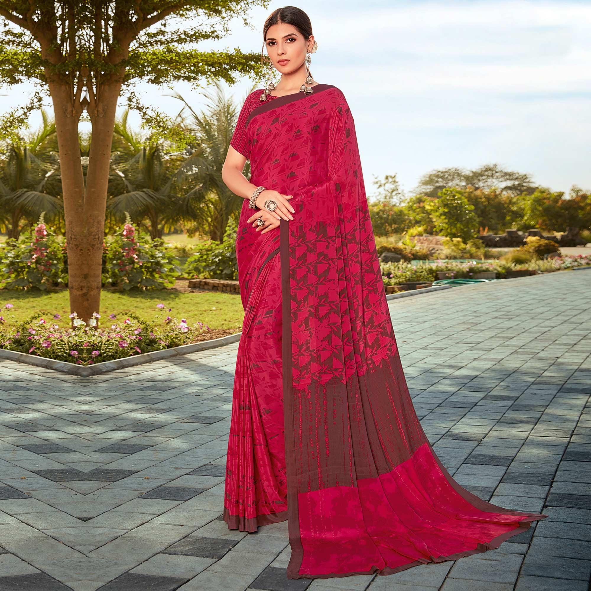 Pink Casual Wear Printed Crepe Saree - Peachmode