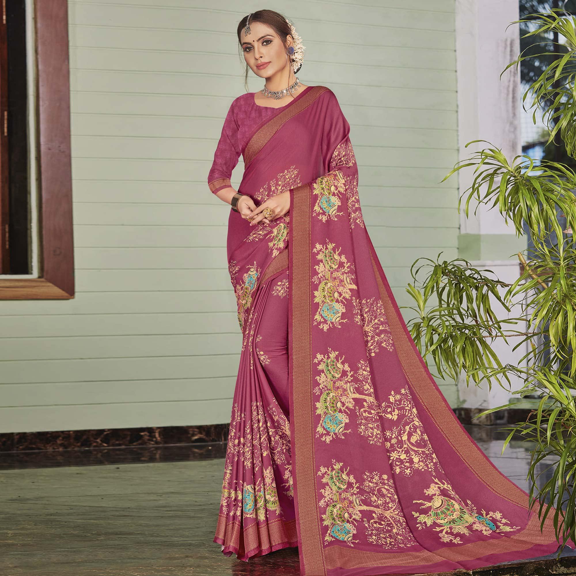 Pink Casual Wear Printed Crepe Saree - Peachmode