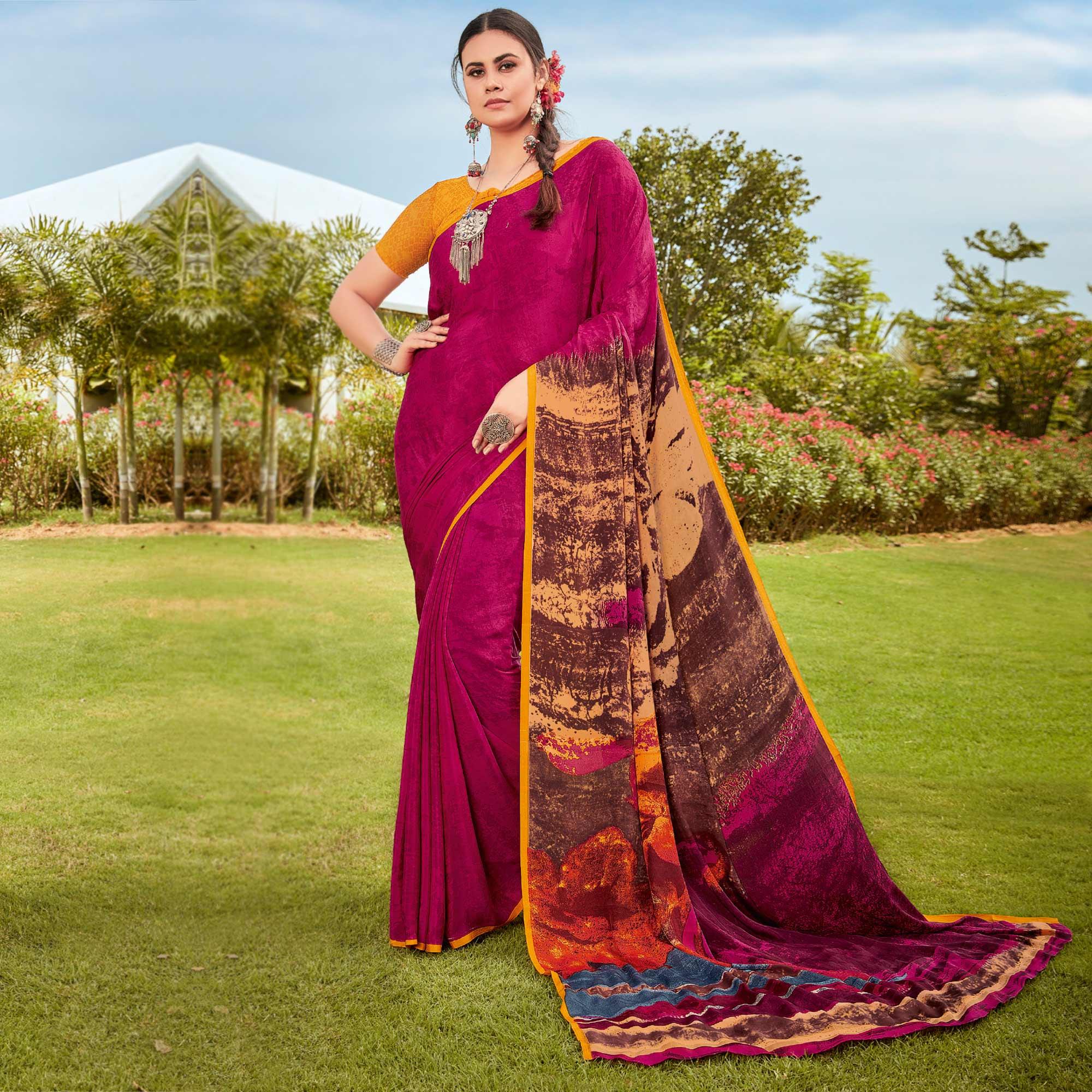 Pink Casual Wear Printed Crepe Saree - Peachmode