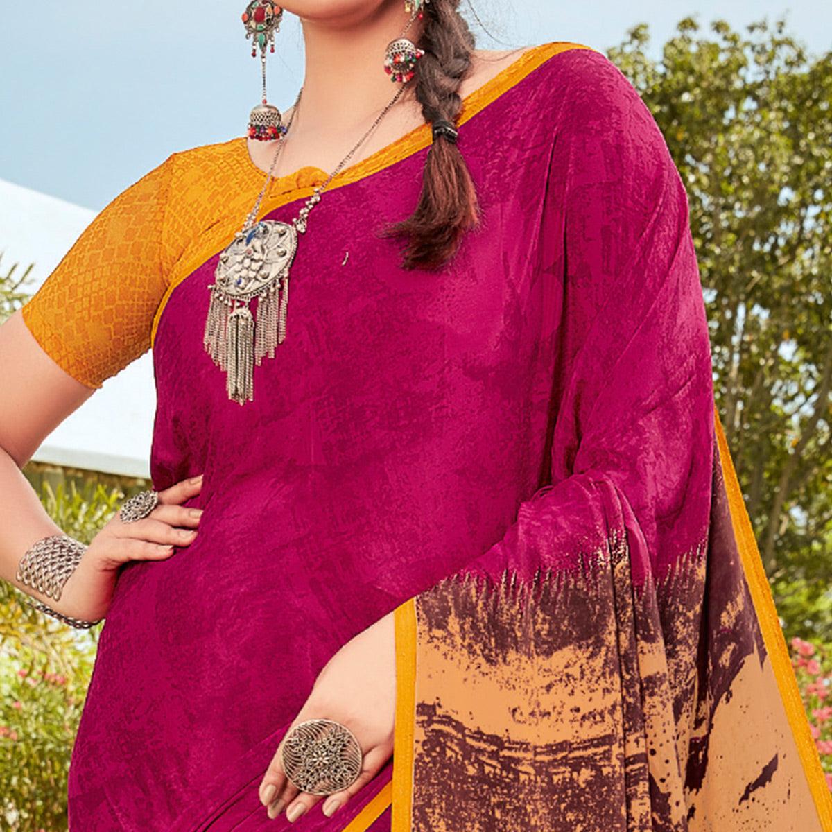 Pink Casual Wear Printed Crepe Saree - Peachmode