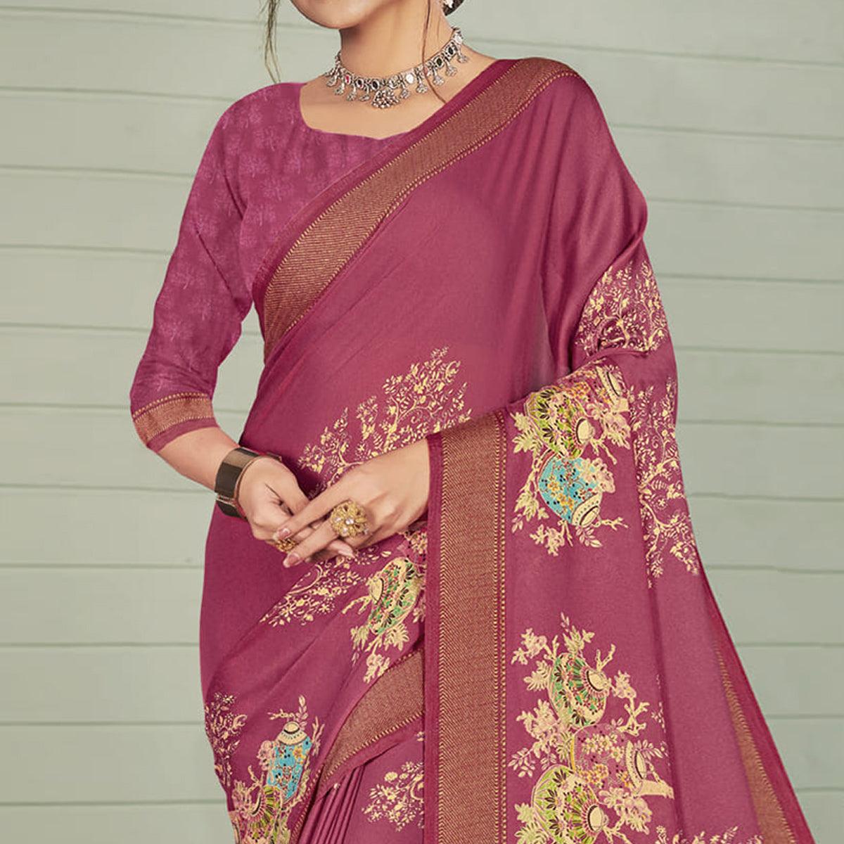 Pink Casual Wear Printed Crepe Saree - Peachmode