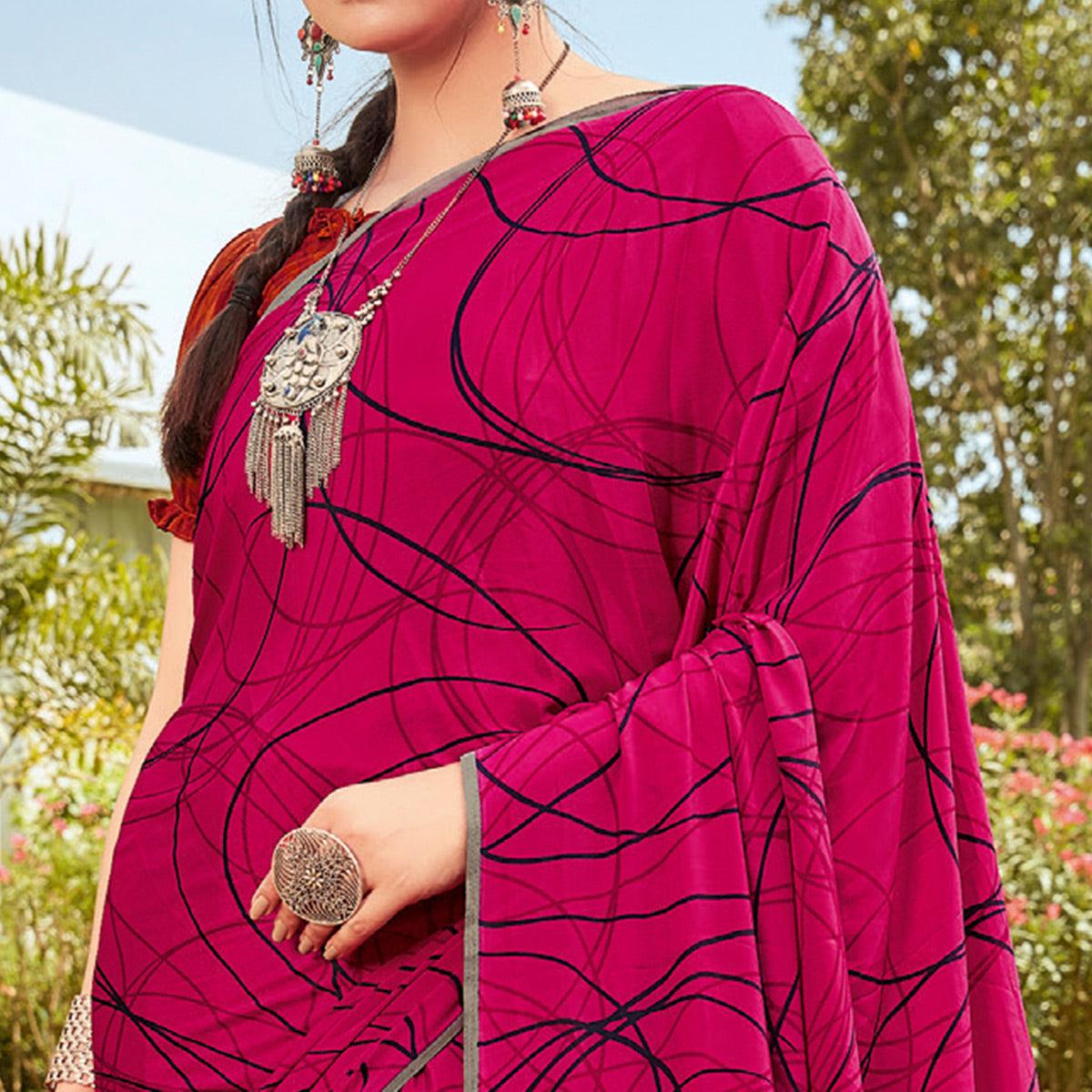 Pink Casual Wear Printed Crepe Saree - Peachmode
