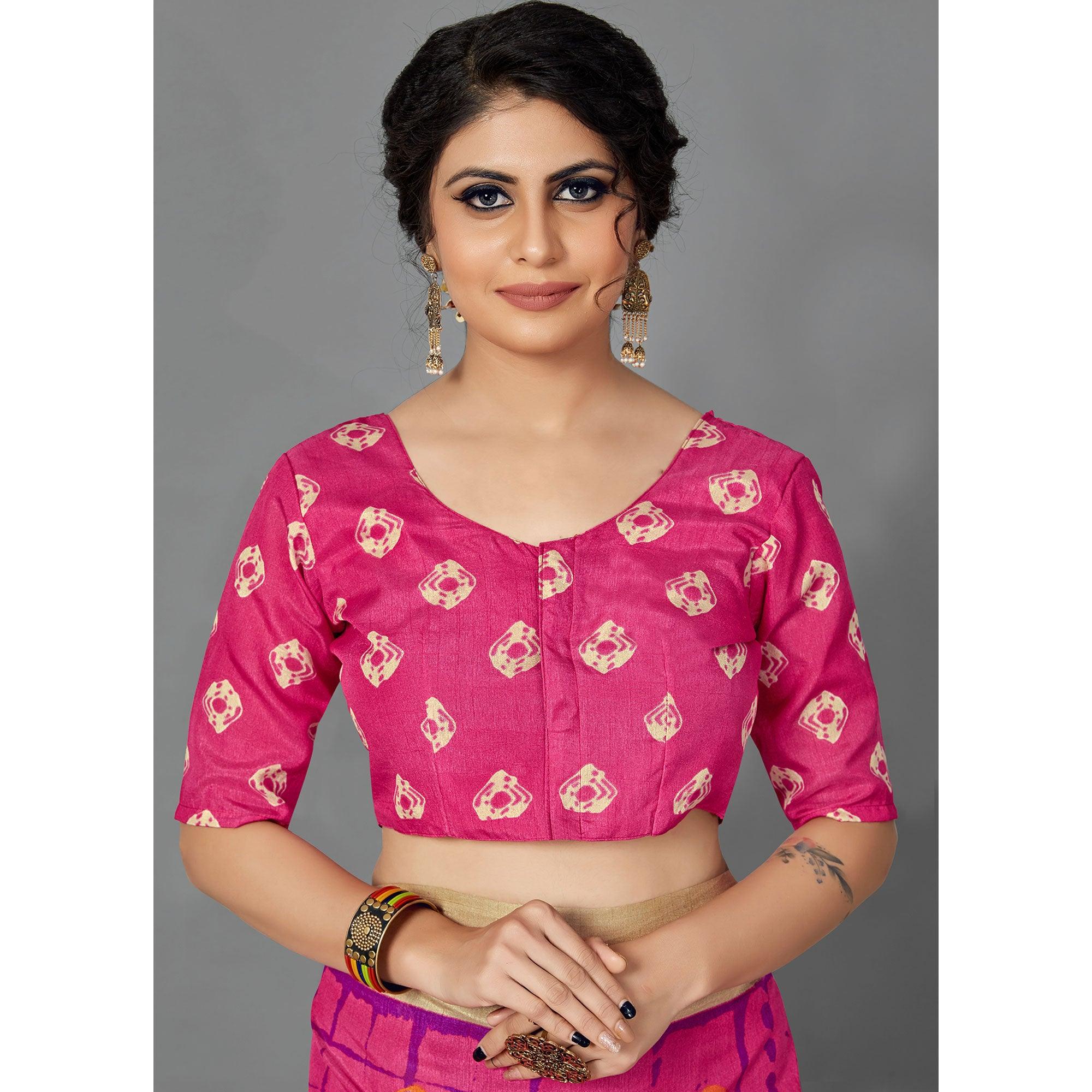 Pink Casual Wear Printed Dhapa Silk Saree - Peachmode