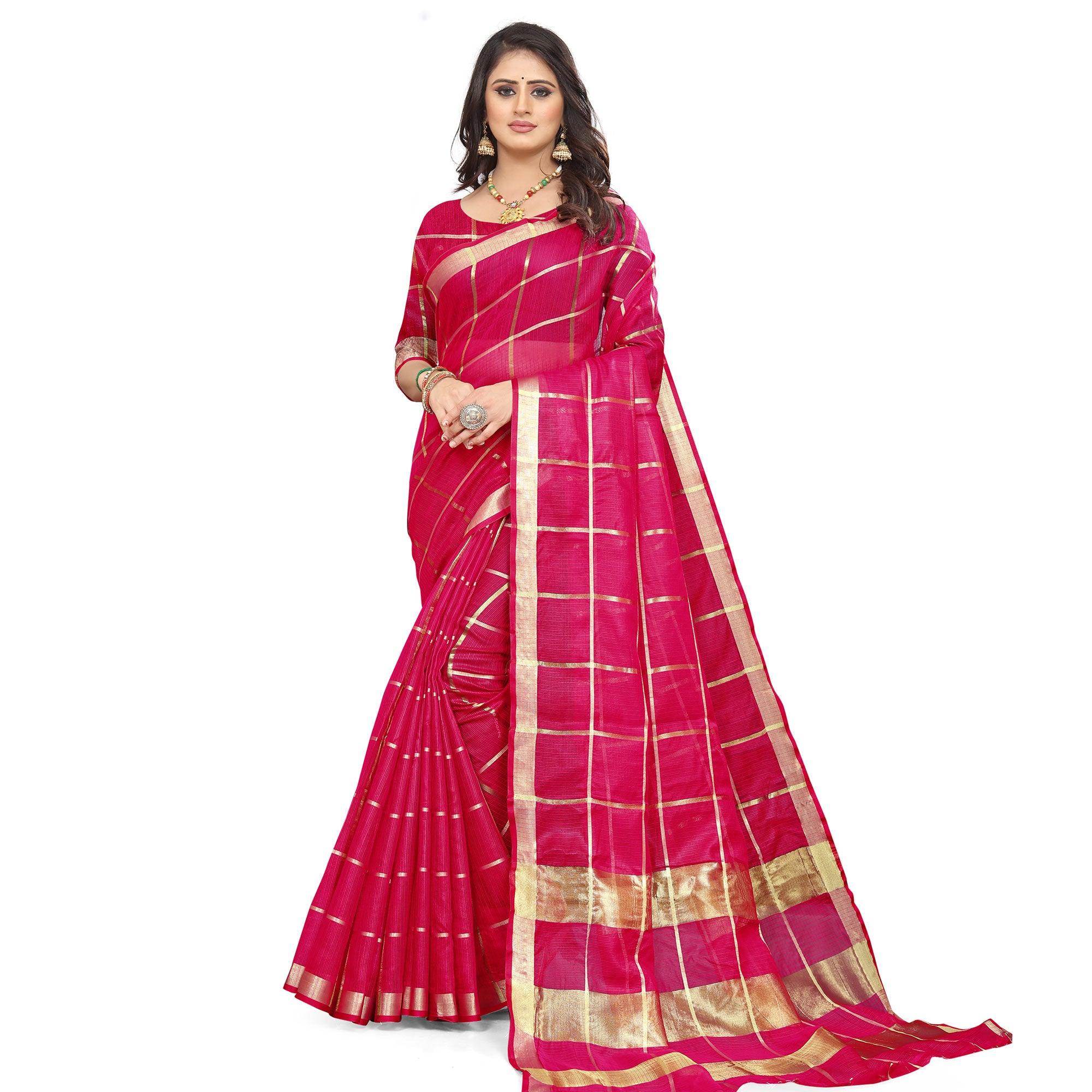 Pink Casual Wear Printed Doriya Cotton Saree - Peachmode