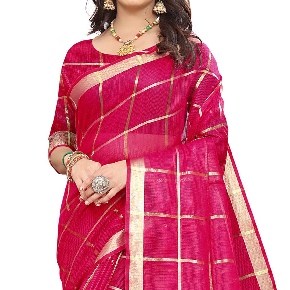 Pink Casual Wear Printed Doriya Cotton Saree - Peachmode