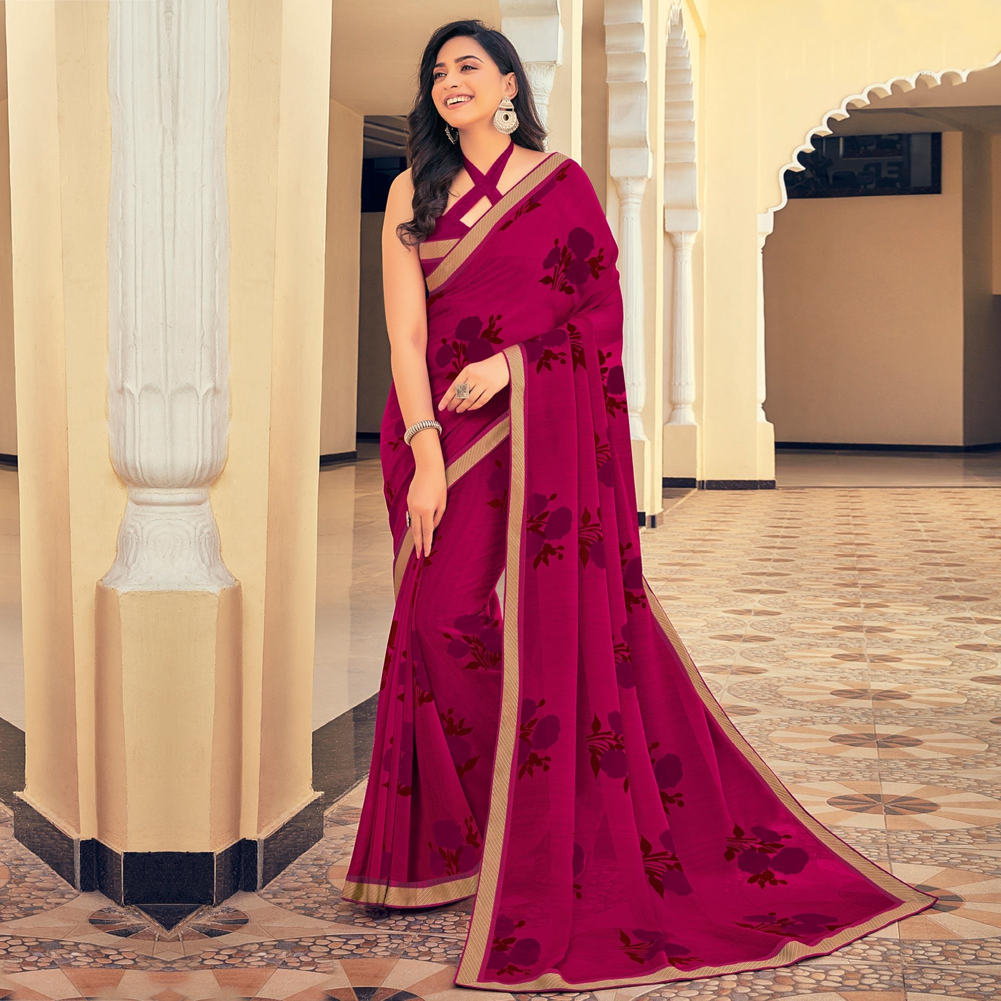 Pink Casual Wear Printed Georgette Saree With Border - Peachmode