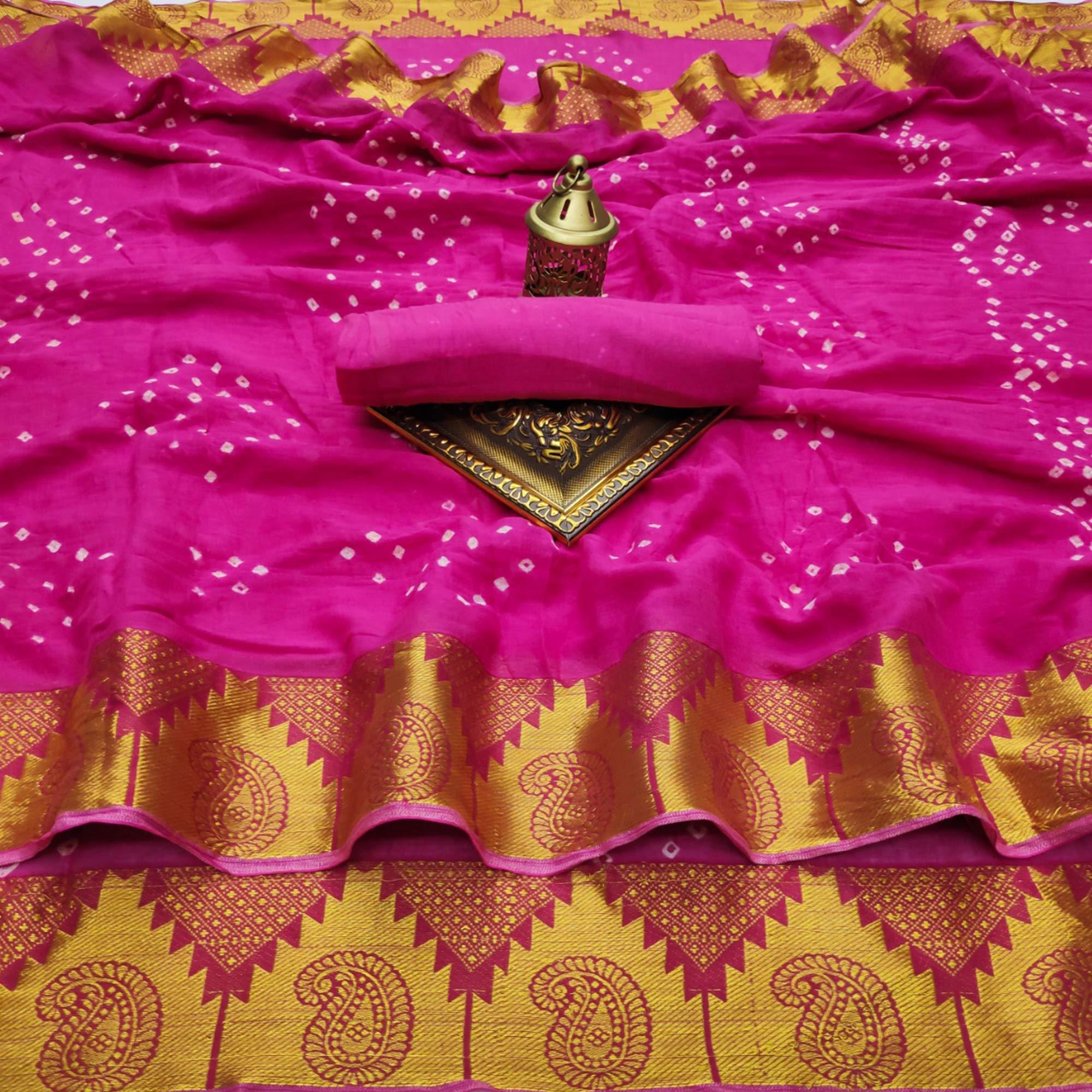 Pink Casual Wear Printed Hand Bandhej Zari Border Pure Cotton Saree - Peachmode
