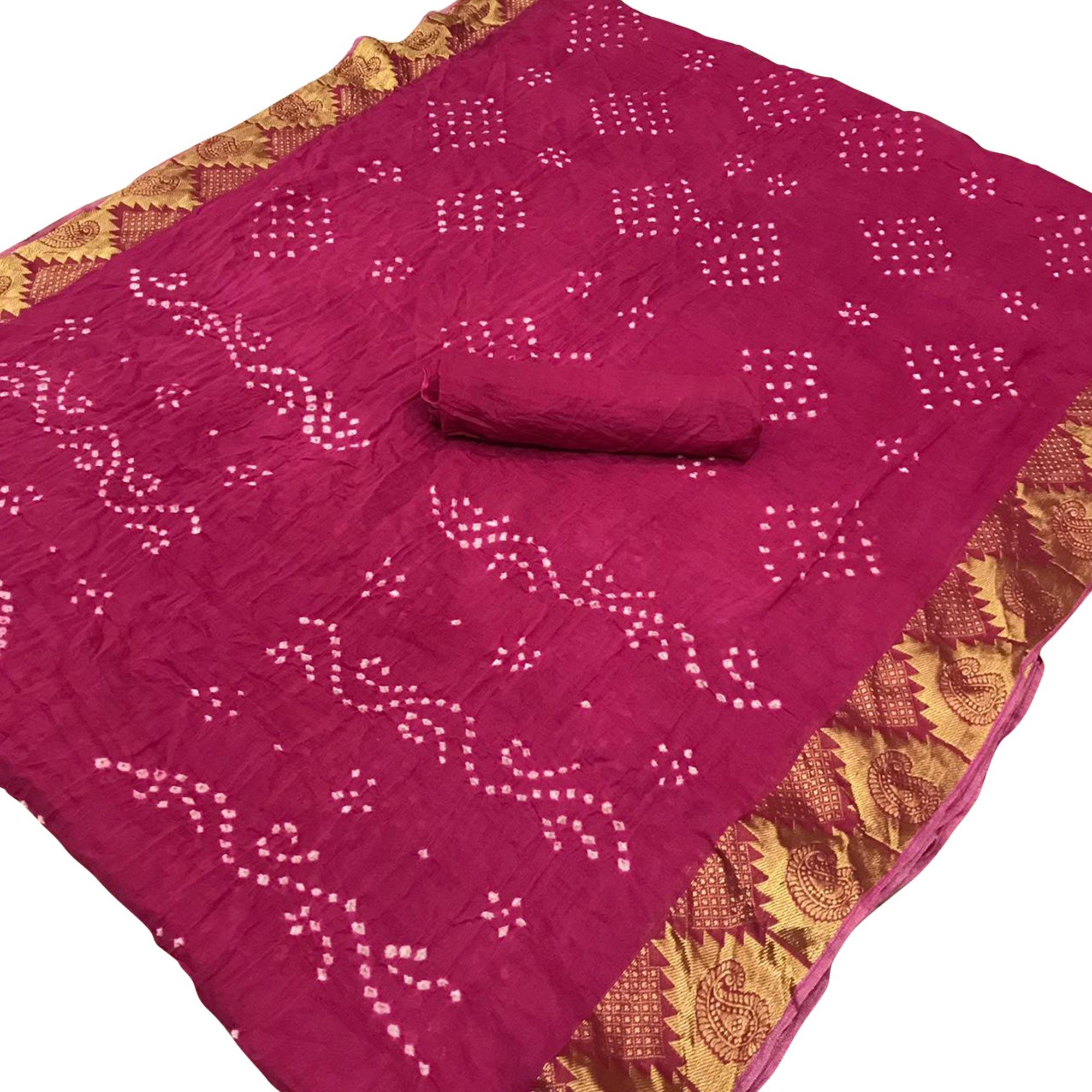 Pink Casual Wear Printed Hand Bandhej Zari Border Pure Cotton Saree - Peachmode