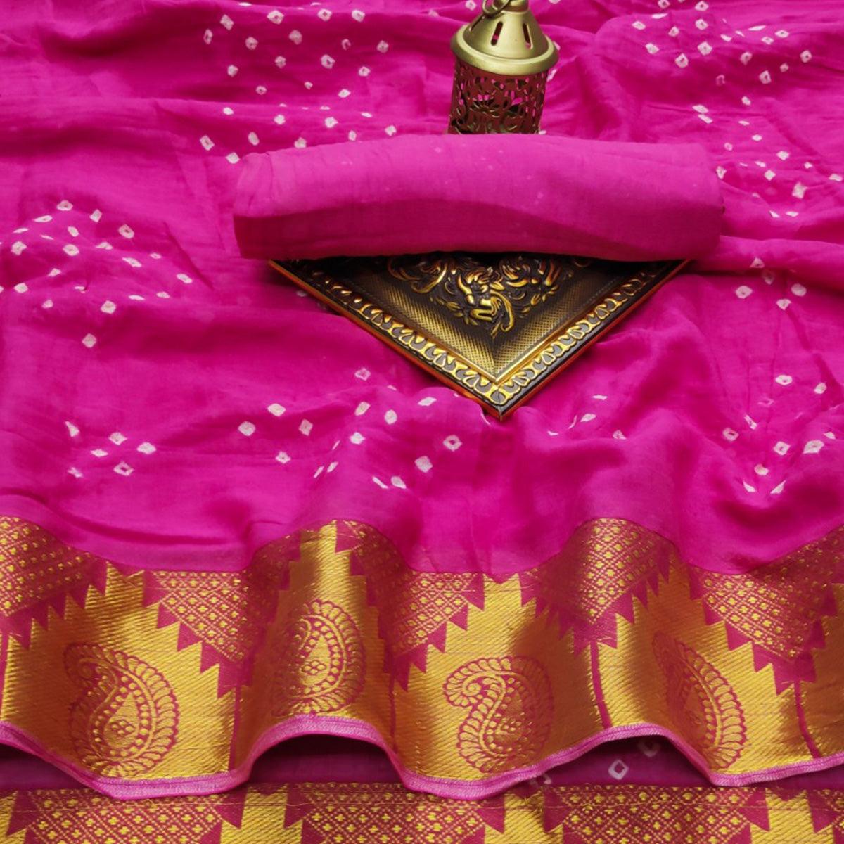 Pink Casual Wear Printed Hand Bandhej Zari Border Pure Cotton Saree - Peachmode