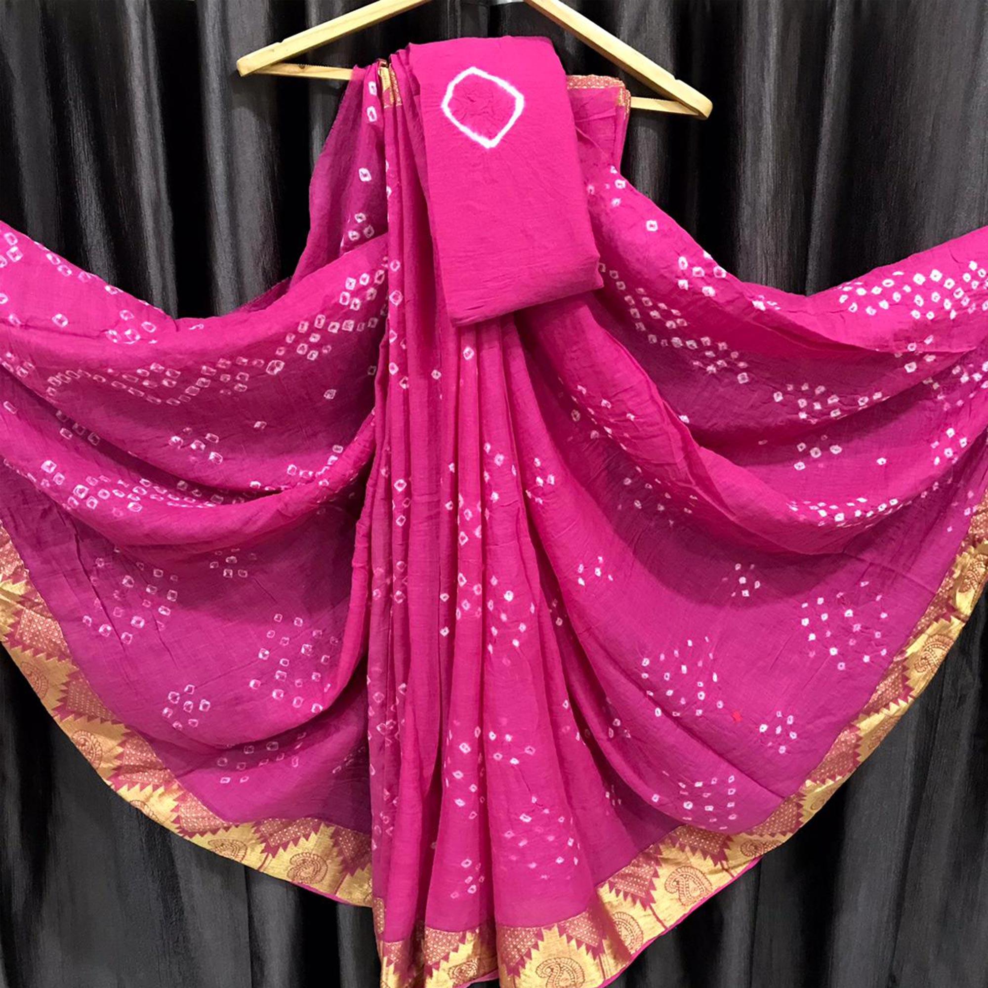 Pink Casual Wear Printed Hand Bandhej Zari Border Pure Cotton Saree - Peachmode