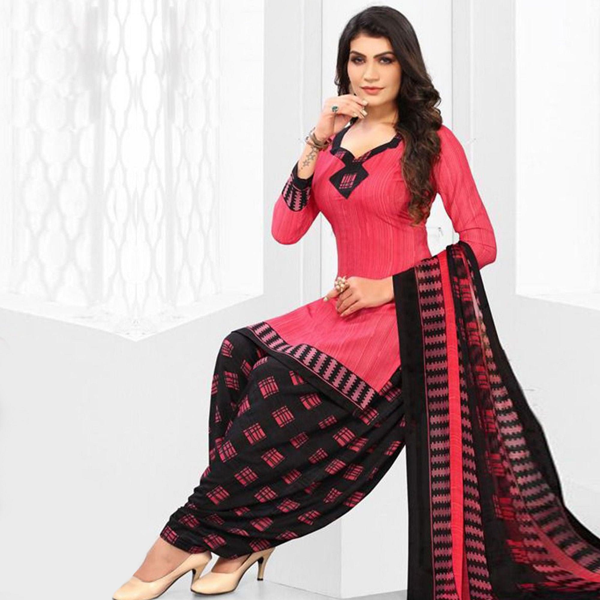 Pink Casual Wear Printed Leon Patiala Dress Material - Peachmode