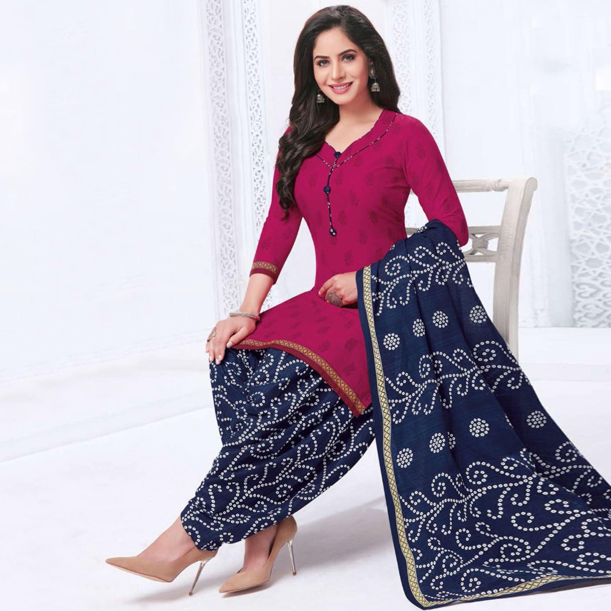Pink Casual Wear Printed Leon Patiala Dress Material - Peachmode