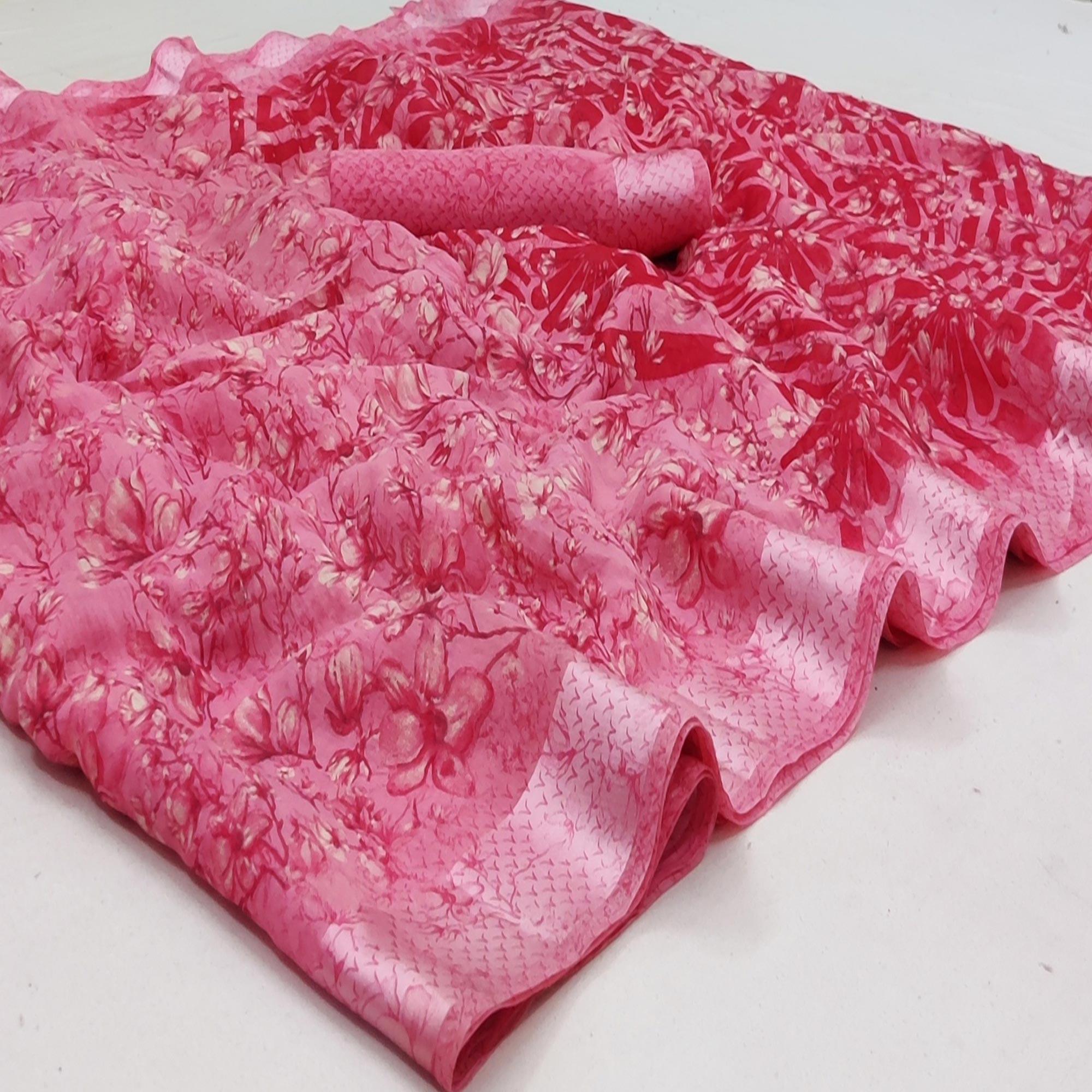Pink Casual Wear Printed Linen Cotton Saree - Peachmode
