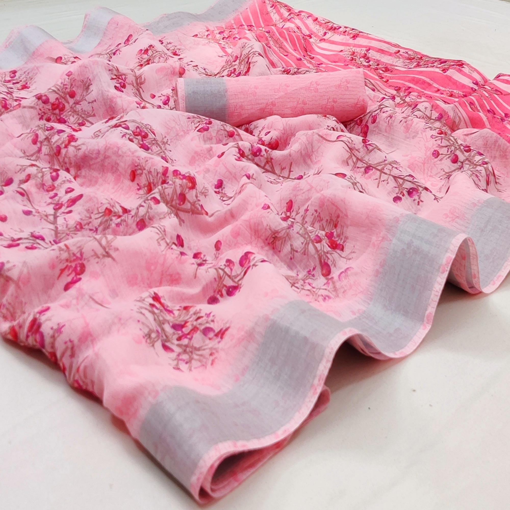 Pink Casual Wear Printed Linen Cotton Saree - Peachmode