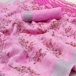 Pink Casual Wear Printed Linen Cotton Saree - Peachmode