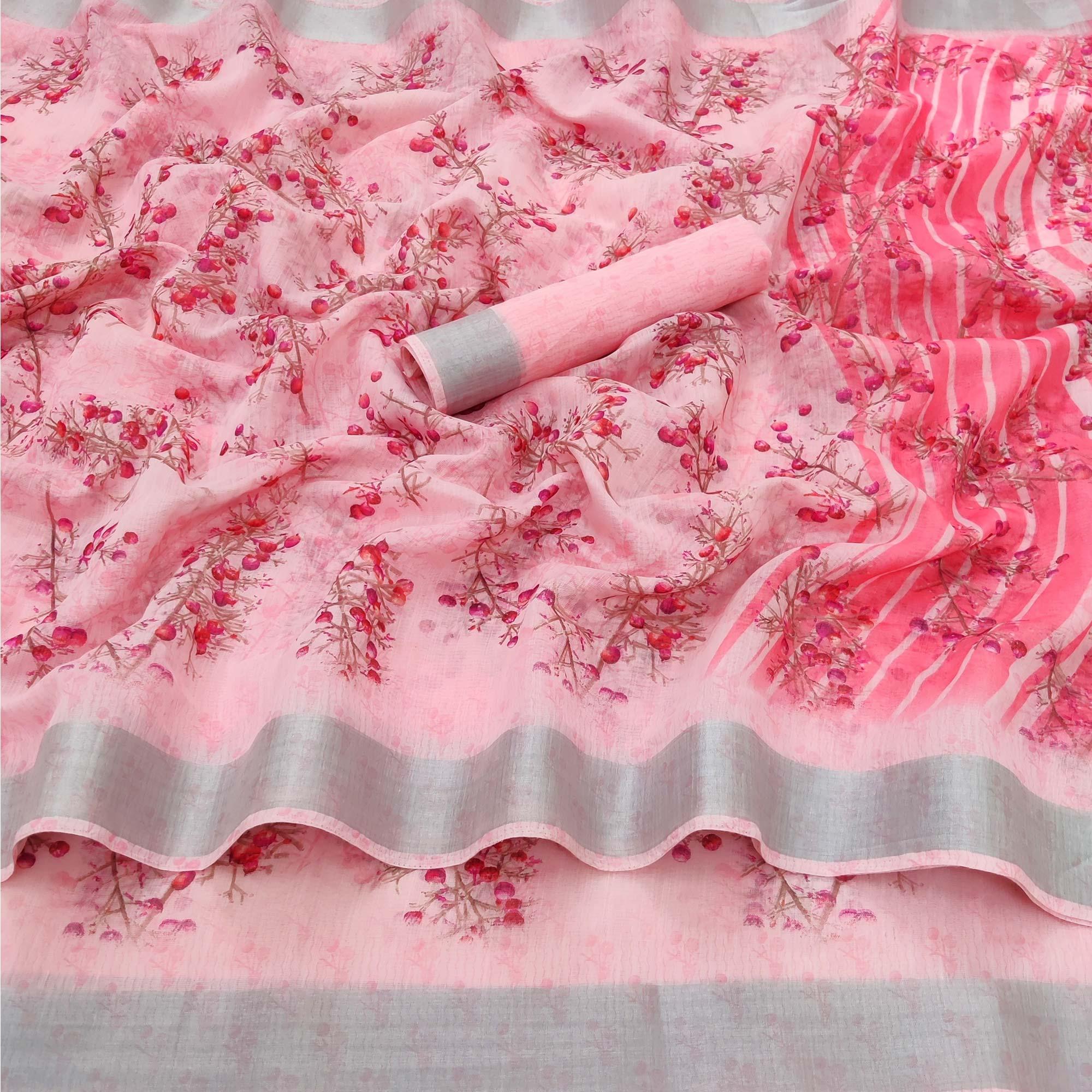 Pink Casual Wear Printed Linen Cotton Saree - Peachmode