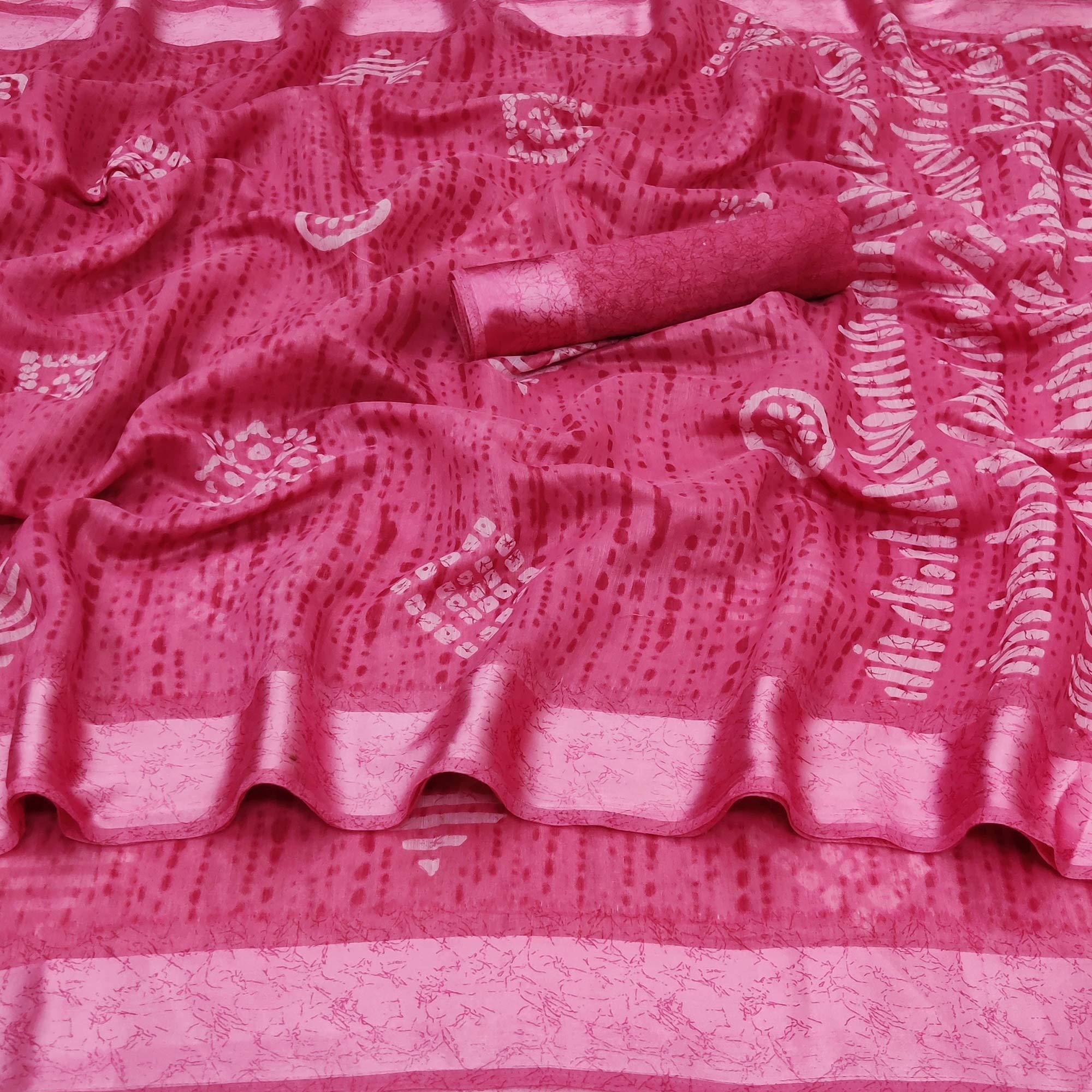 Pink Casual Wear Printed Linen Cotton Saree - Peachmode