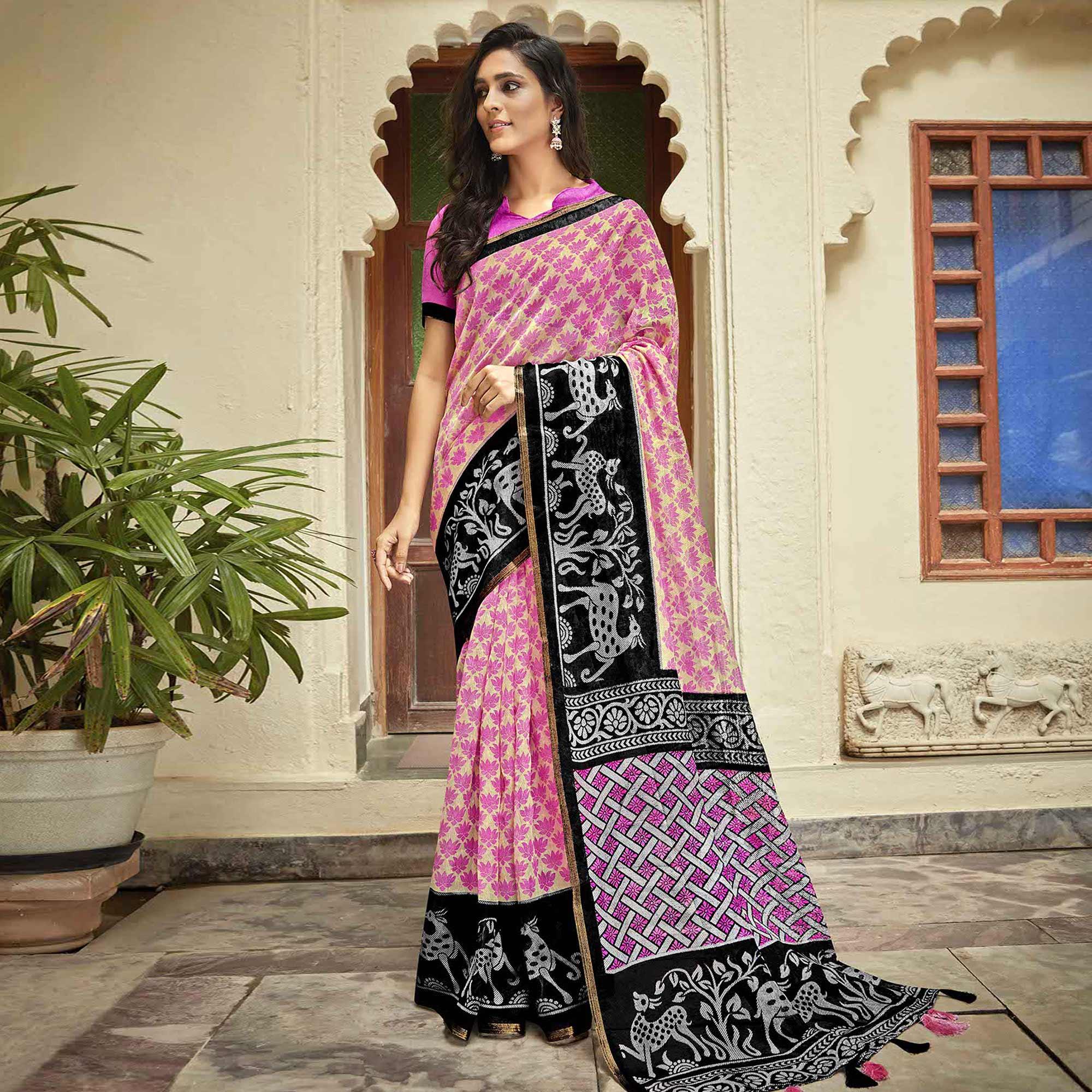 Pink Casual Wear Printed Linen Saree - Peachmode