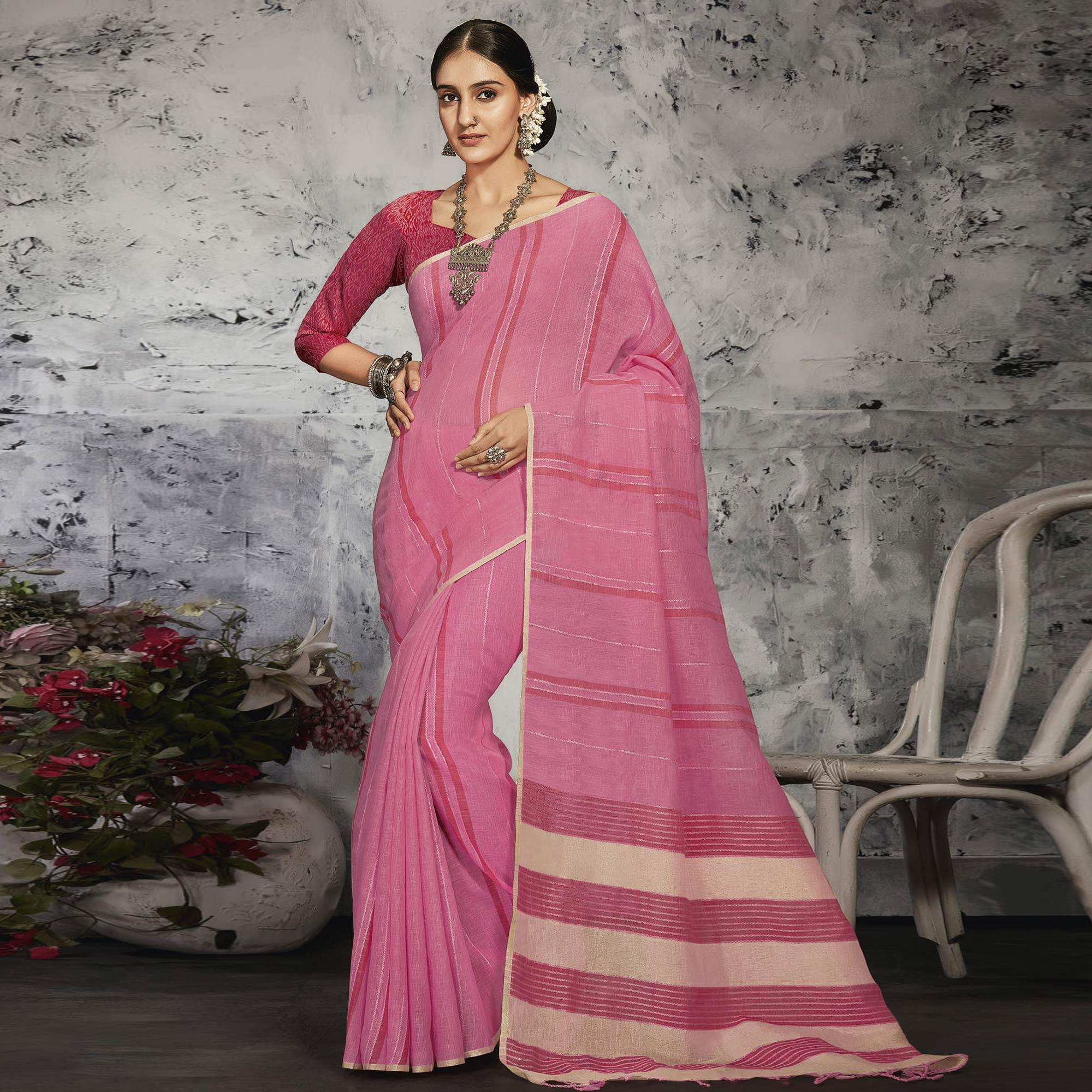 Pink Casual Wear Printed Linen Saree - Peachmode