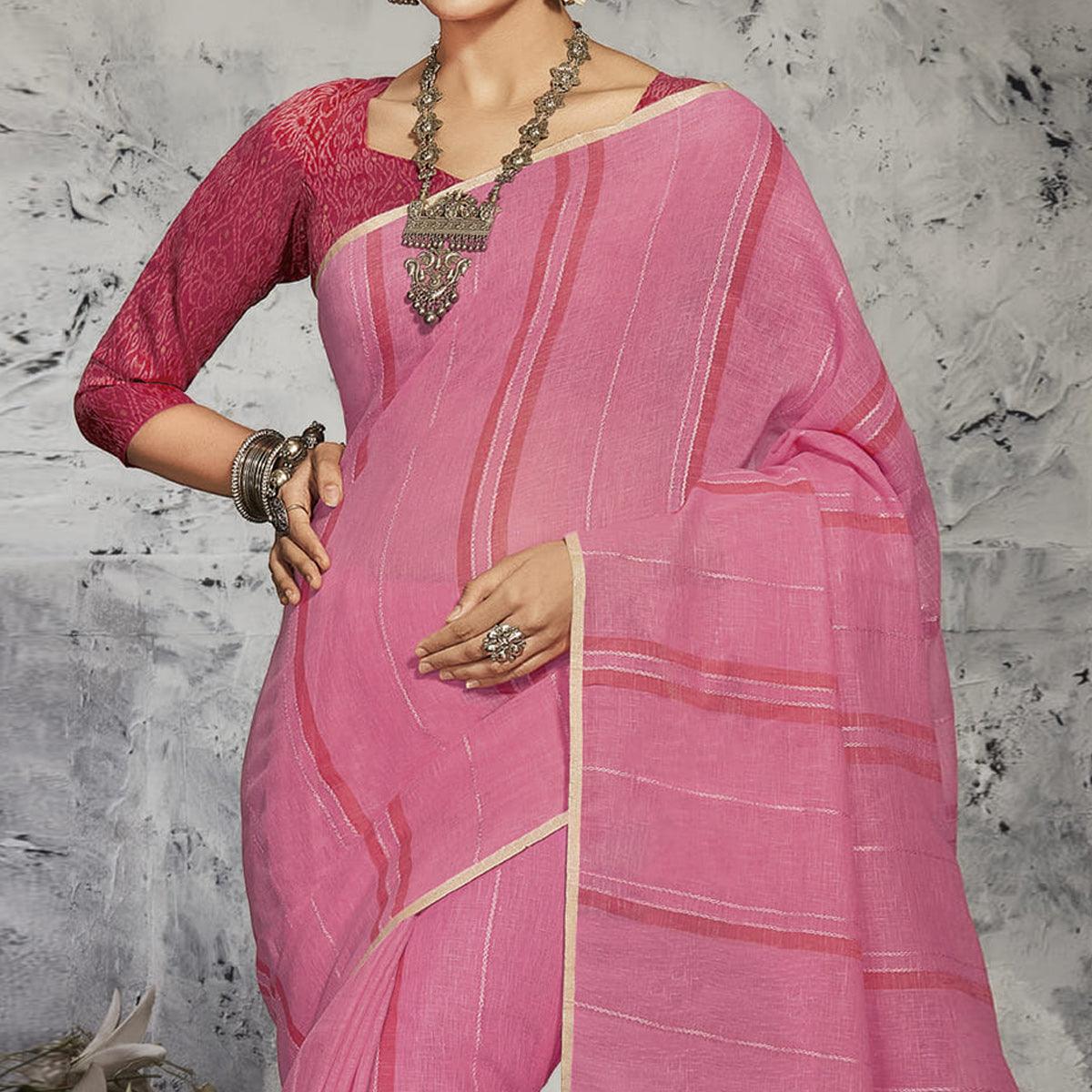 Pink Casual Wear Printed Linen Saree - Peachmode