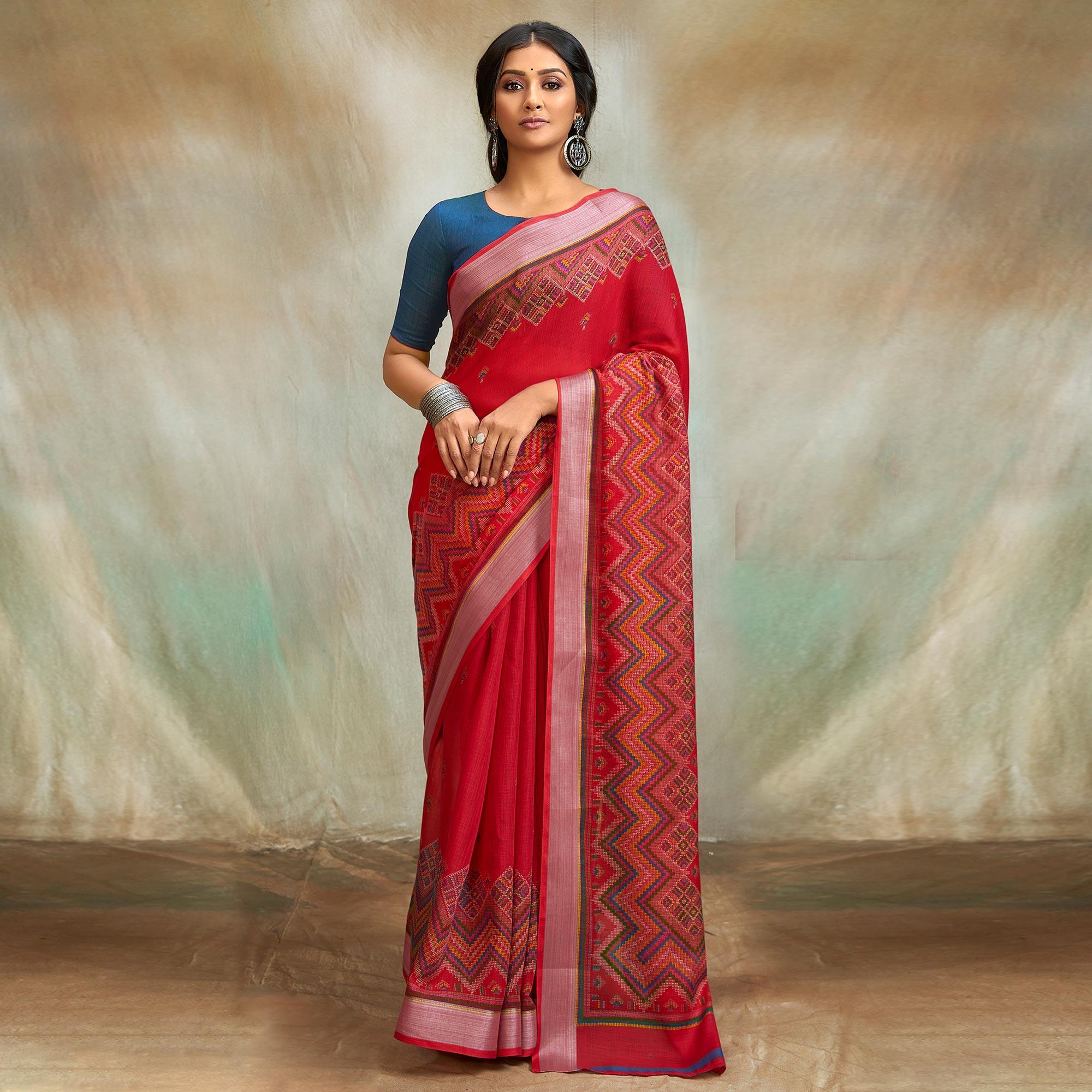 Pink Casual Wear Printed Pure Linen Saree - Peachmode