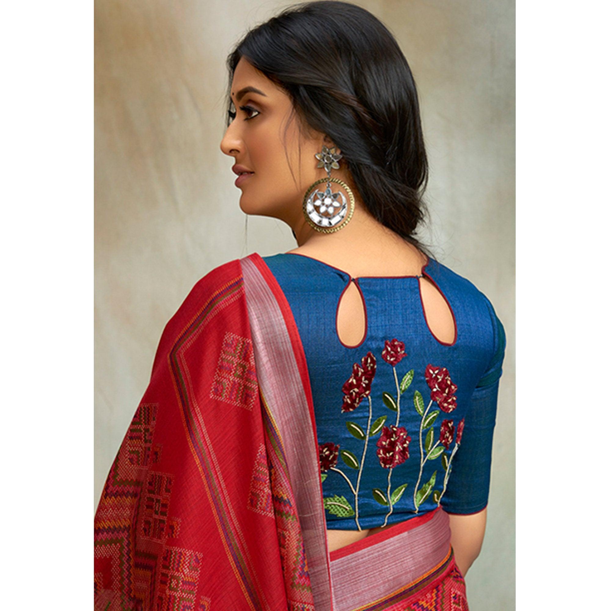 Pink Casual Wear Printed Pure Linen Saree - Peachmode