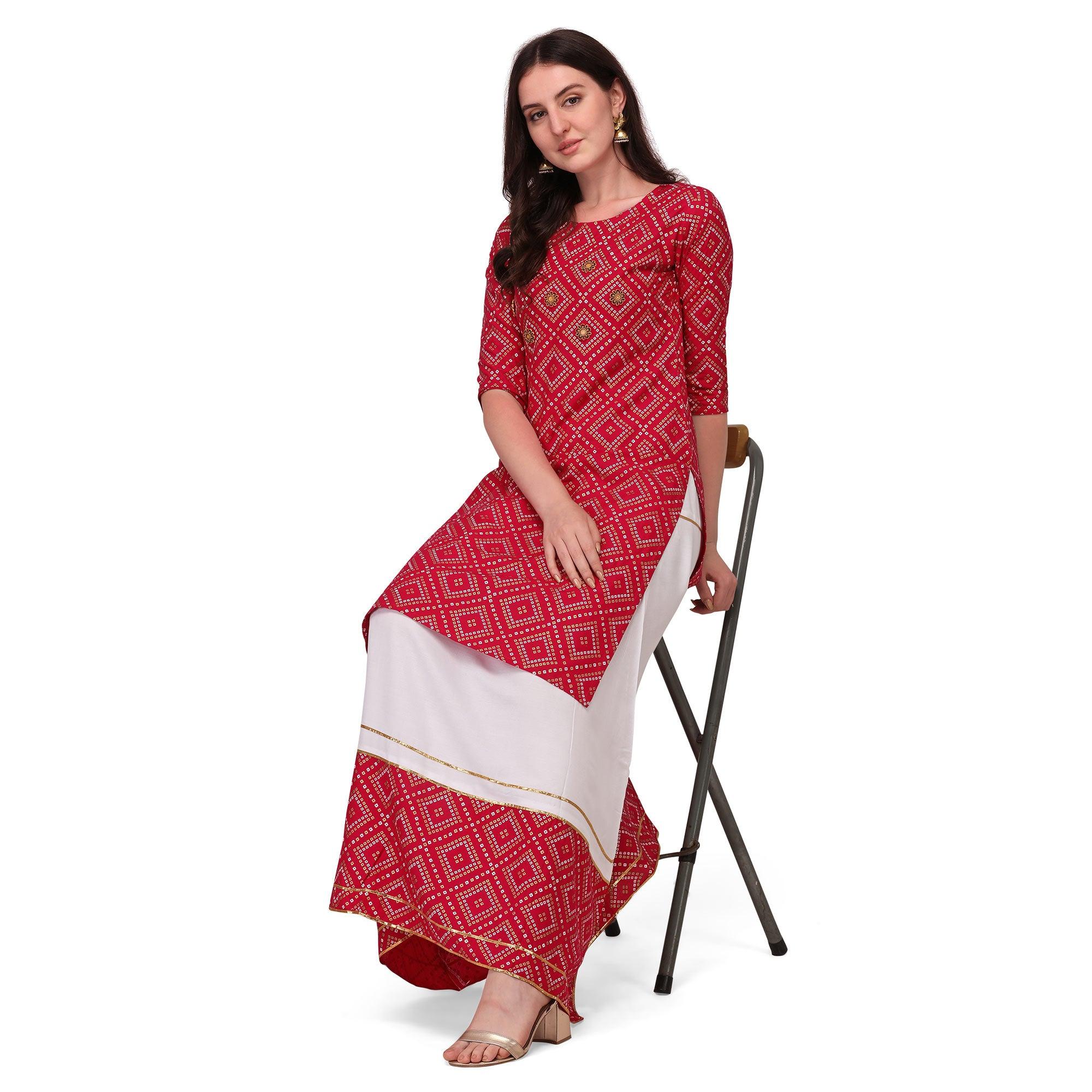 Pink Casual Wear Printed Rayon Kurti - Skirt Set - Peachmode