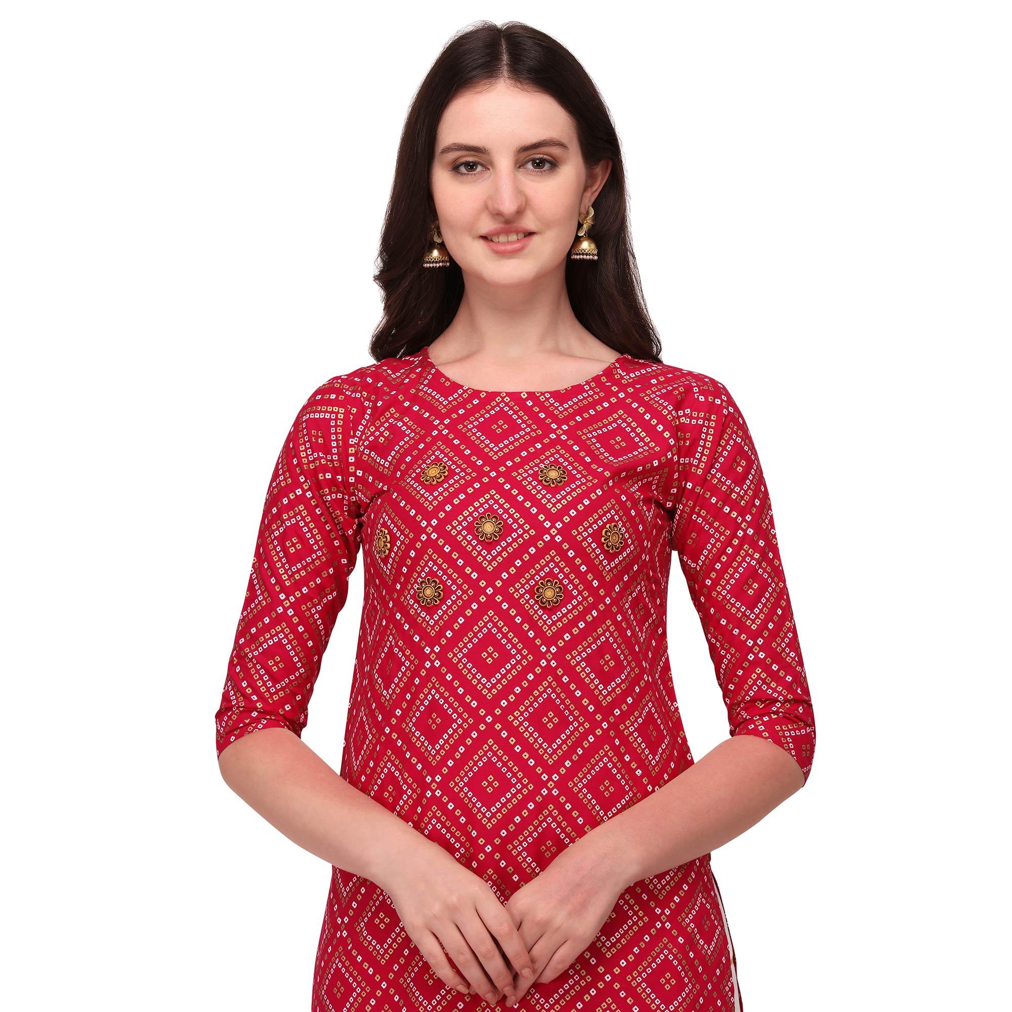 Pink Casual Wear Printed Rayon Kurti - Skirt Set - Peachmode