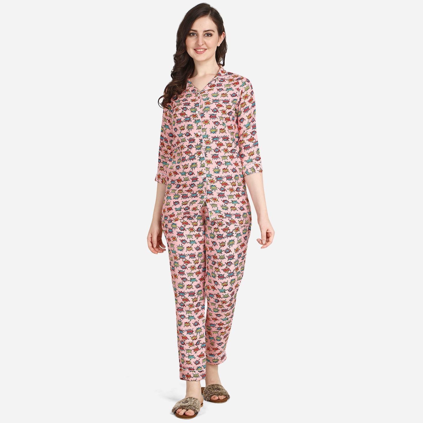 Pink Casual Wear Printed Rayon Night Suit - Peachmode