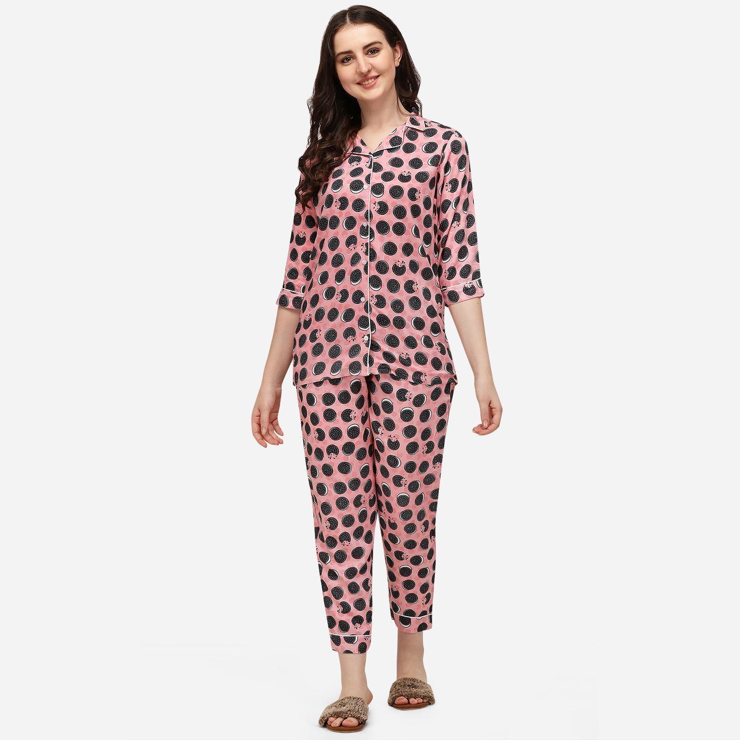 Pink Casual Wear Printed Rayon Night Suit - Peachmode