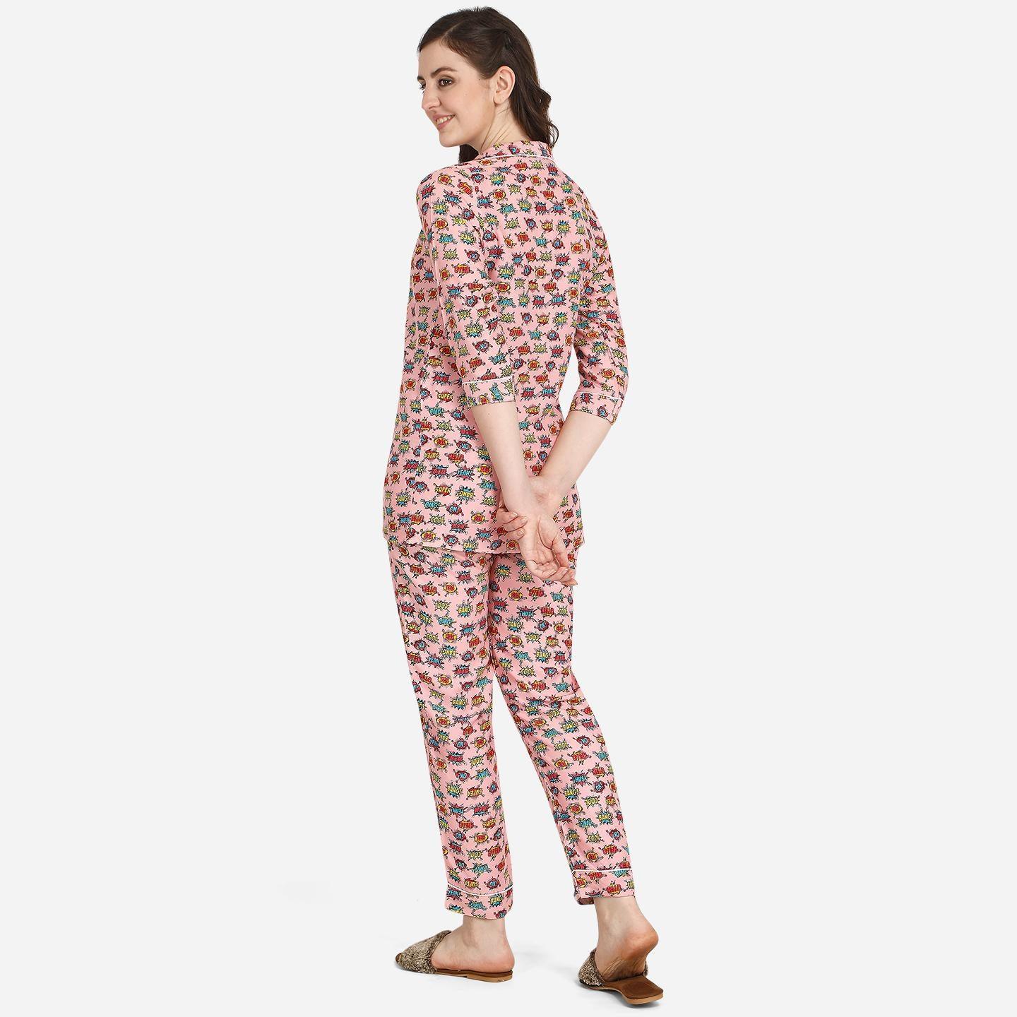 Pink Casual Wear Printed Rayon Night Suit - Peachmode