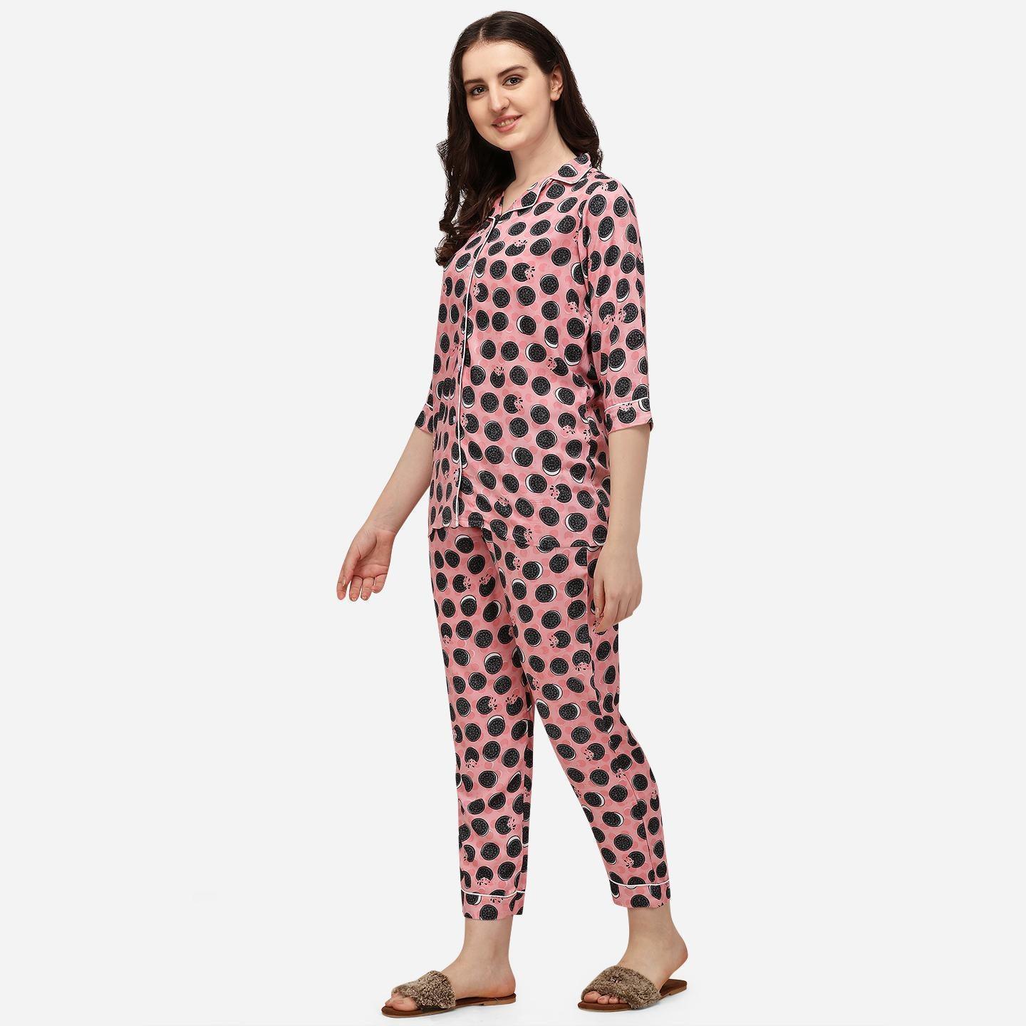 Pink Casual Wear Printed Rayon Night Suit - Peachmode