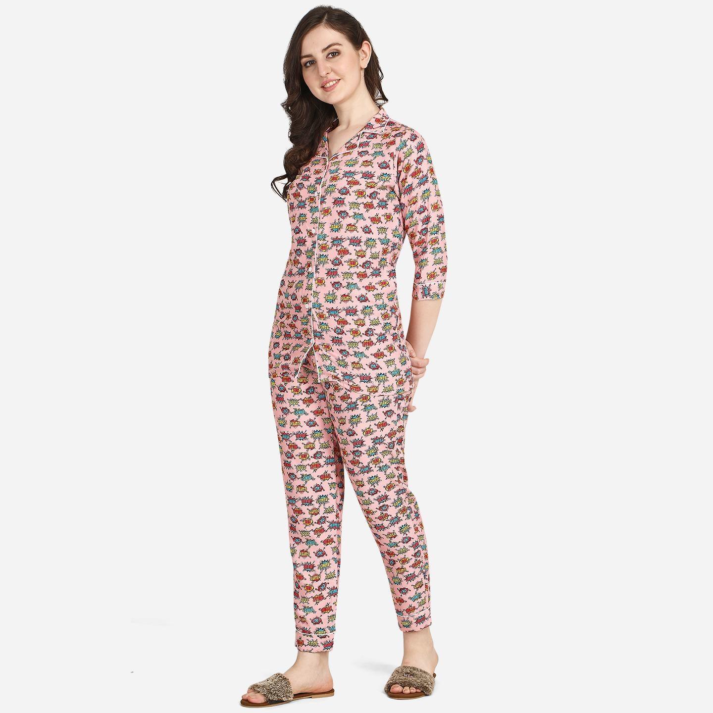 Pink Casual Wear Printed Rayon Night Suit - Peachmode